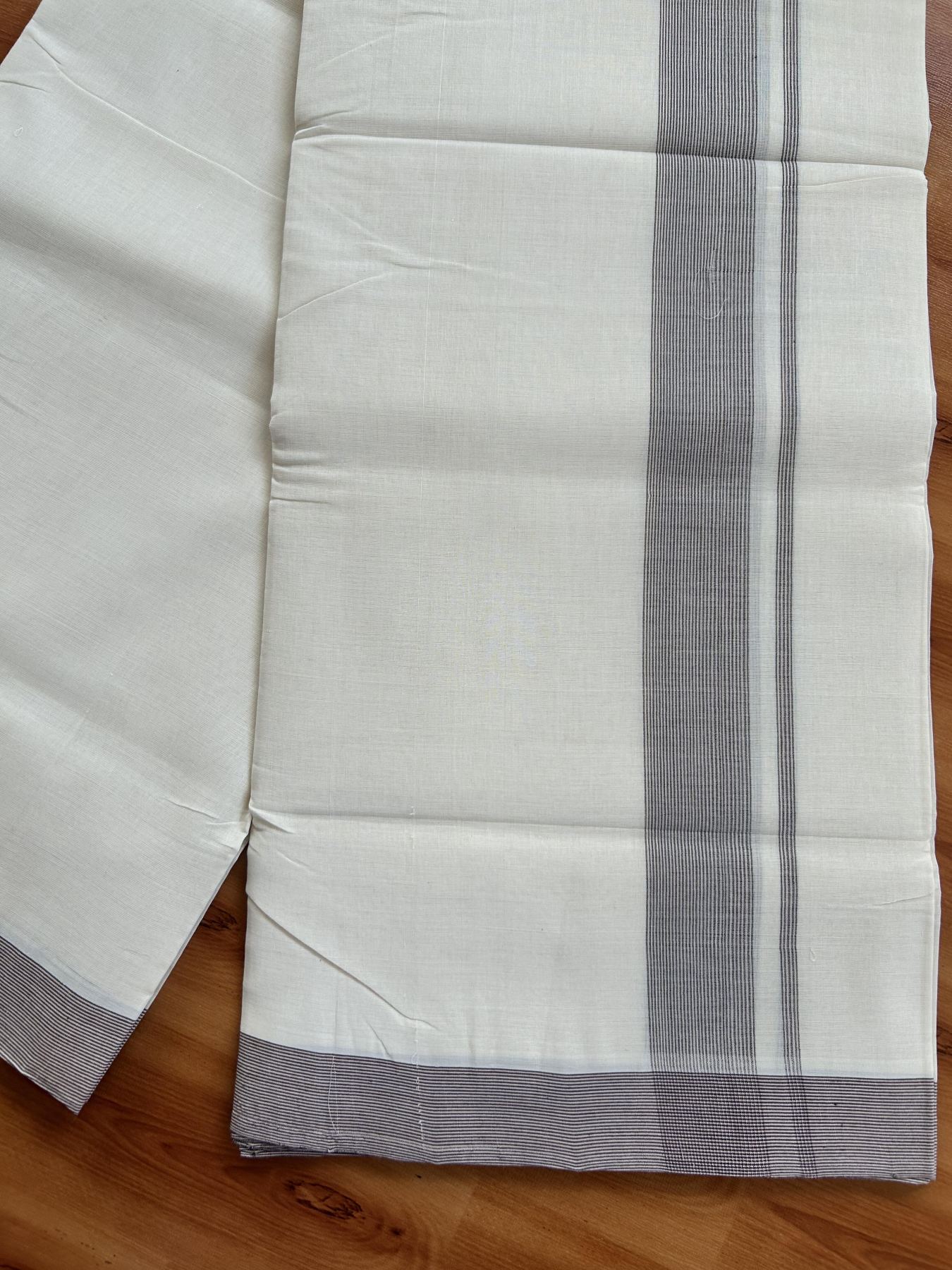 Double Off White (Unbleached) Mundu/Dhoti - 25% Discount! KaithariKada Handloom Unakkupaav - Kerala Handloom - Pure Cotton - 80x90 - 1.25 Inch Peach & Brown Striped Kara 4 mtr (8.5 Muzham) - 8 KK5439 YAR