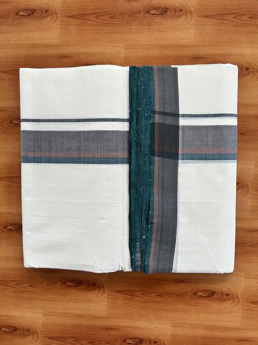 Double Off White (Unbleached) Mundu/Dhoti - 25% Discount! KaithariKada Handloom Unakkupaav - Kerala Handloom - Pure Cotton - 80x90 - 1.25 Inch Green & Brick Orange Shaded Striped Kara 4 mtr (8.5 Muzham) - 4 KK5439 YAR