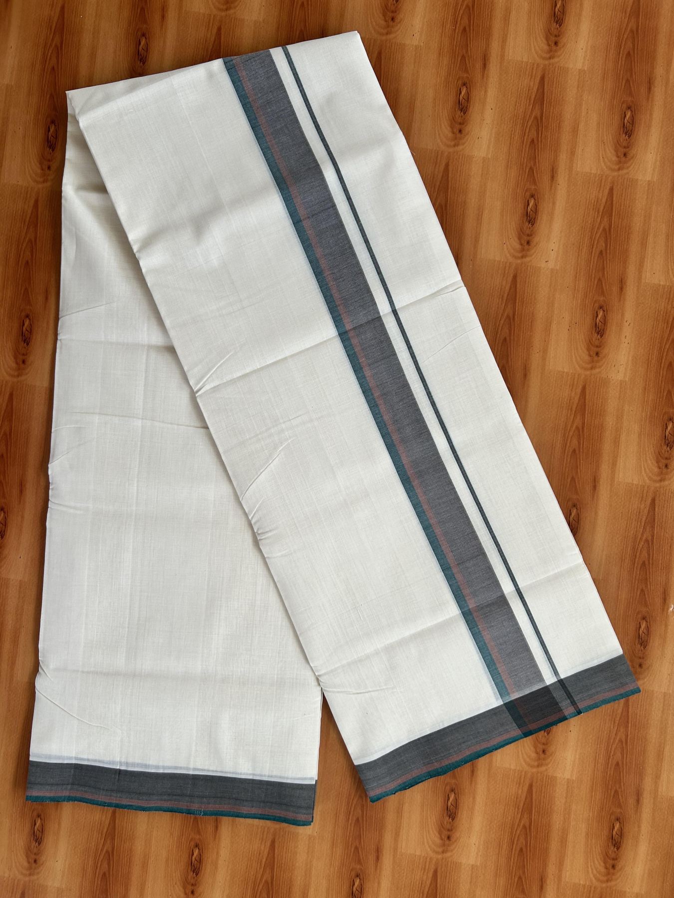 Double Off White (Unbleached) Mundu/Dhoti - 25% Discount! KaithariKada Handloom Unakkupaav - Kerala Handloom - Pure Cotton - 80x90 - 1.25 Inch Green & Brick Orange Shaded Striped Kara 4 mtr (8.5 Muzham) - 4 KK5439 YAR