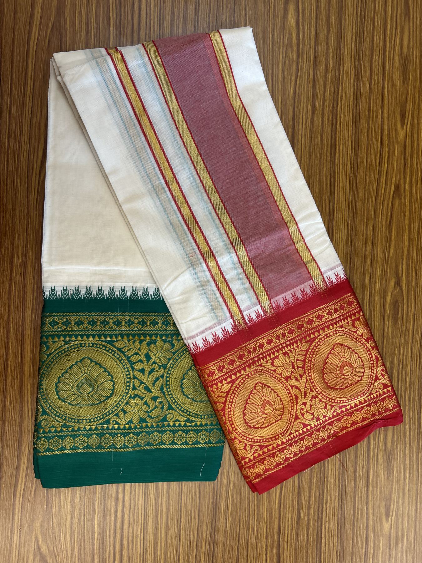 Panchakacham Dhoti - 20% Discount! Kaitharikada Balaramapuram Cotton Mix - Off White - (Unbleached) 80X90 thread - North Iindian- Attached Gamcha - 9x5 Dhoti - 4 inch Maroon Gold kasav & Green , Maroon Striped kara - 5 KK8305 PMC