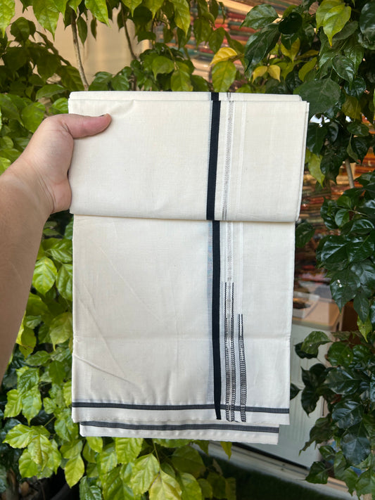 20% Discount! KaithariKada Balaramapuram 100% Cotton Off White Double (Unbleached) Mundu/Dhoti-100x100 - 1 cm Puliyilakkara Silver Kasav & Black Double Chutty Kara - 3 KK5378 ASH