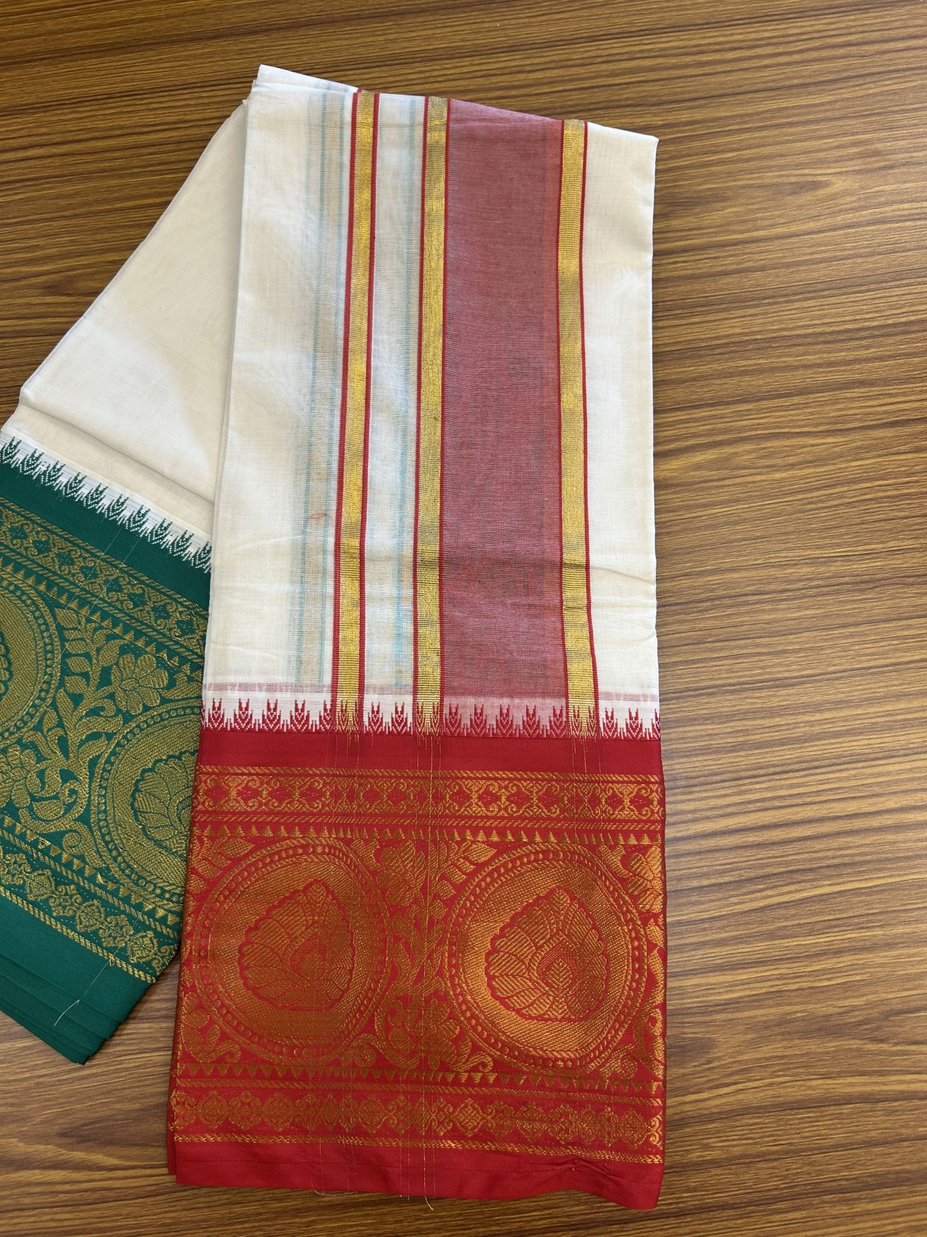 Panchakacham Dhoti - 20% Discount! Kaitharikada Balaramapuram Cotton Mix - Off White - (Unbleached) 80X90 thread - North Iindian- Attached Gamcha - 9x5 Dhoti - 4 inch Maroon Gold kasav & Green , Maroon Striped kara - 5 KK8305 PMC
