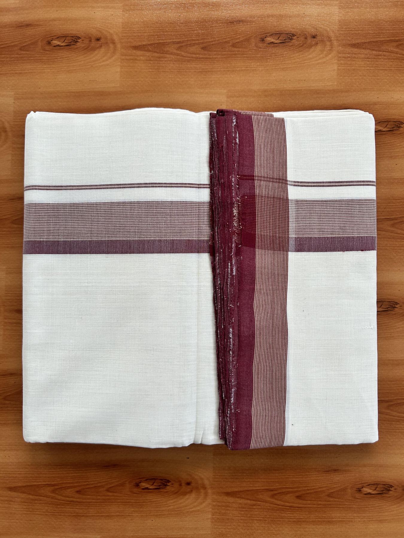 Double Off White (Unbleached) Mundu/Dhoti - 25% Discount! KaithariKada Handloom Unakkupaav - Kerala Handloom - Pure Cotton - 80x90 - 1.25 Inch Beige & Maroon Shaded Striped Kara 4 mtr (8.5 Muzham) - 5 KK5439 YAR