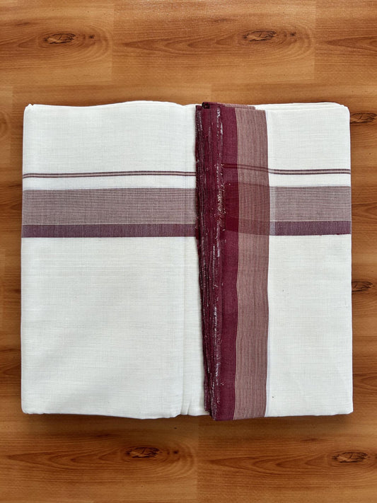 Double Off White (Unbleached) Mundu/Dhoti - 25% Discount! KaithariKada Handloom Unakkupaav - Kerala Handloom - Pure Cotton - 80x90 - 1.25 Inch Beige & Maroon Shaded Striped Kara 4 mtr (8.5 Muzham) - 5 KK5439 YAR