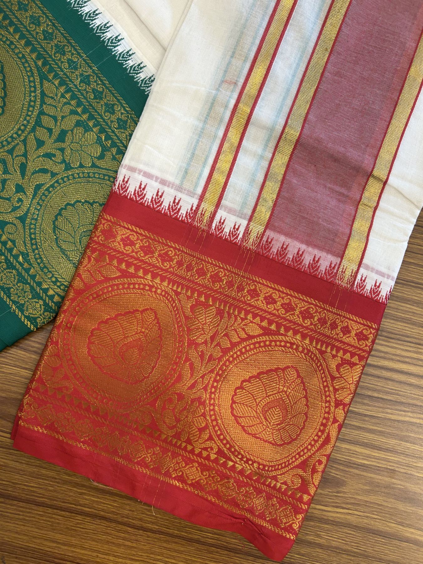 Panchakacham Dhoti - 20% Discount! Kaitharikada Balaramapuram Cotton Mix - Off White - (Unbleached) 80X90 thread - North Iindian- Attached Gamcha - 9x5 Dhoti - 4 inch Maroon Gold kasav & Green , Maroon Striped kara - 5 KK8305 PMC