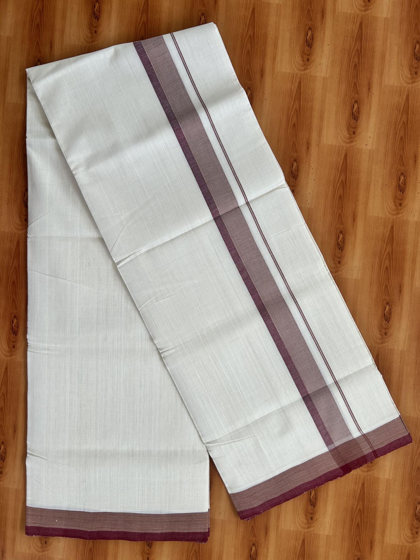Double Off White (Unbleached) Mundu/Dhoti - 25% Discount! KaithariKada Handloom Unakkupaav - Kerala Handloom - Pure Cotton - 80x90 - 1.25 Inch Beige & Maroon Shaded Striped Kara 4 mtr (8.5 Muzham) - 5 KK5439 YAR