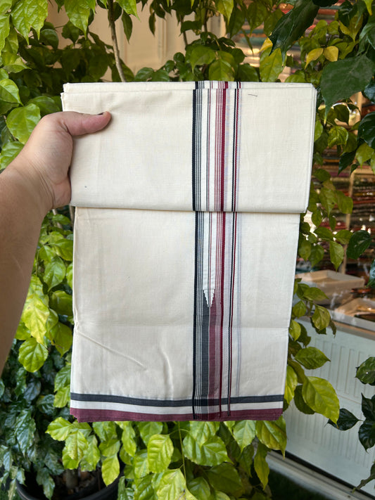 Admk Veshti 20% Discount !! Kaitharikada Balaramapuram Double Off white - (Unbleached) Mundu/Dhoti - 100X100 - 1.25 inch Puliyilakkara Maroon & Black Striped Chutty Kara - 10 KK5378 ASH