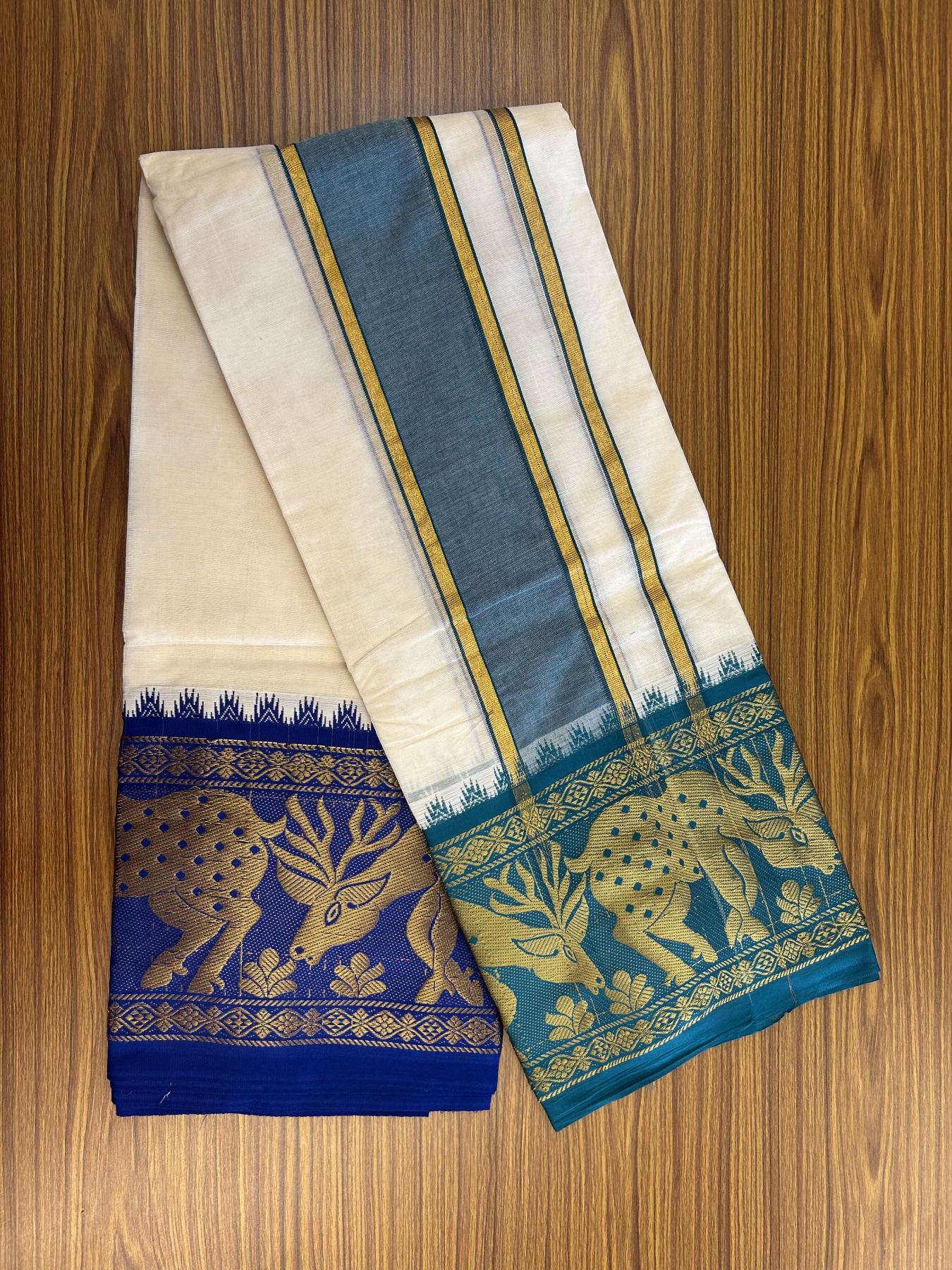Panchakacham Dhoti - 20% Discount! Kaitharikada Balaramapuram Cotton Mix - Off White - (Unbleached) 80X90 thread - North Iindian - Attached Gamcha - 9x5 Dhoti - 3.75 inch Gold kasav Blue & Green kara - 7 KK8305 PMC