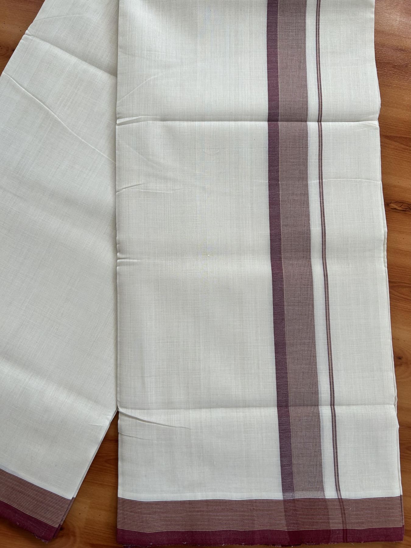 Double Off White (Unbleached) Mundu/Dhoti - 25% Discount! KaithariKada Handloom Unakkupaav - Kerala Handloom - Pure Cotton - 80x90 - 1.25 Inch Beige & Maroon Shaded Striped Kara 4 mtr (8.5 Muzham) - 5 KK5439 YAR