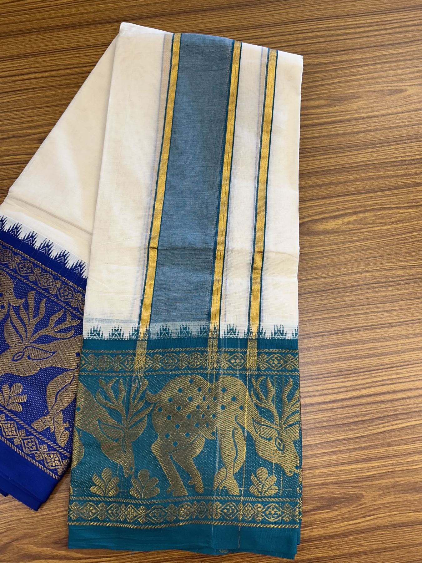 Panchakacham Dhoti - 20% Discount! Kaitharikada Balaramapuram Cotton Mix - Off White - (Unbleached) 80X90 thread - North Iindian - Attached Gamcha - 9x5 Dhoti - 3.75 inch Gold kasav Blue & Green kara - 7 KK8305 PMC