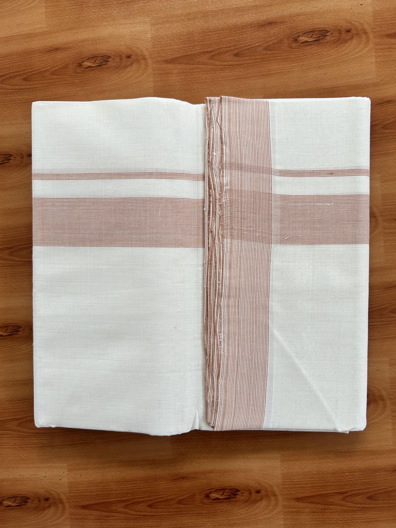 Double Off White (Unbleached) Mundu/Dhoti - 25% Discount! KaithariKada Handloom Unakkupaav - Kerala Handloom - Pure Cotton - 80x90 - 1.25 Inch Peach Striped Kara 4 mtr (8.5 Muzham) - 9 KK5439 YAR