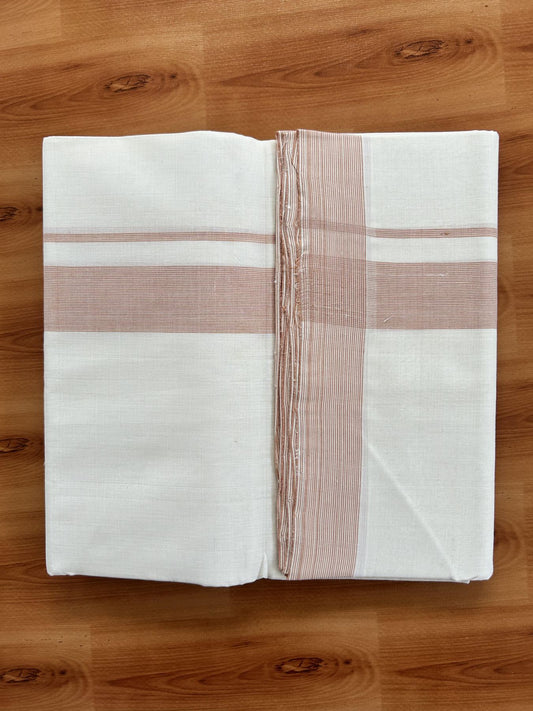 Double Off White (Unbleached) Mundu/Dhoti - 25% Discount! KaithariKada Handloom Unakkupaav - Kerala Handloom - Pure Cotton - 80x90 - 1.25 Inch Peach Striped Kara 4 mtr (8.5 Muzham) - 9 KK5439 YAR