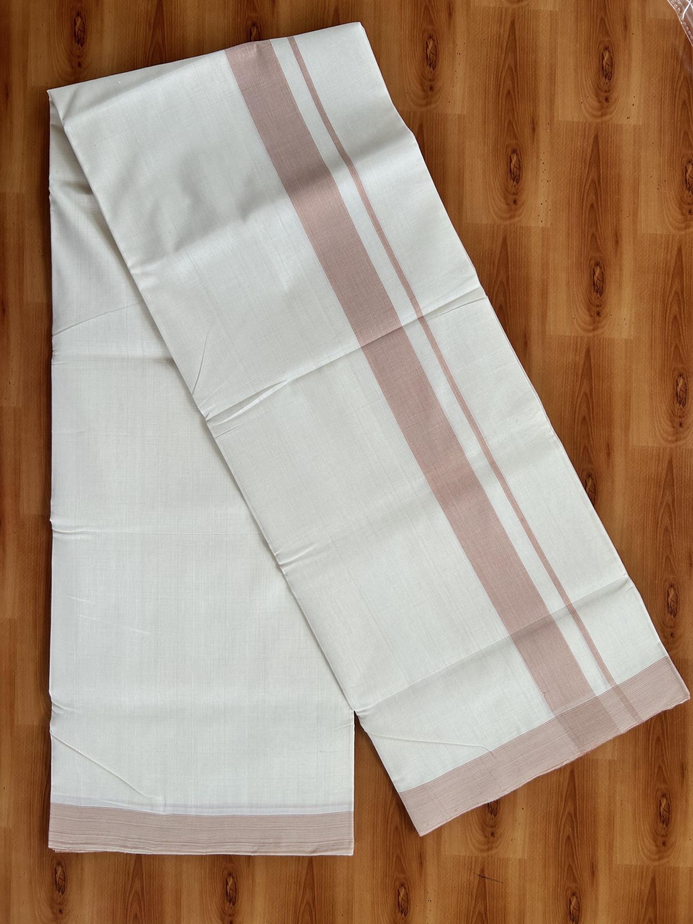 Double Off White (Unbleached) Mundu/Dhoti - 25% Discount! KaithariKada Handloom Unakkupaav - Kerala Handloom - Pure Cotton - 80x90 - 1.25 Inch Peach Striped Kara 4 mtr (8.5 Muzham) - 9 KK5439 YAR