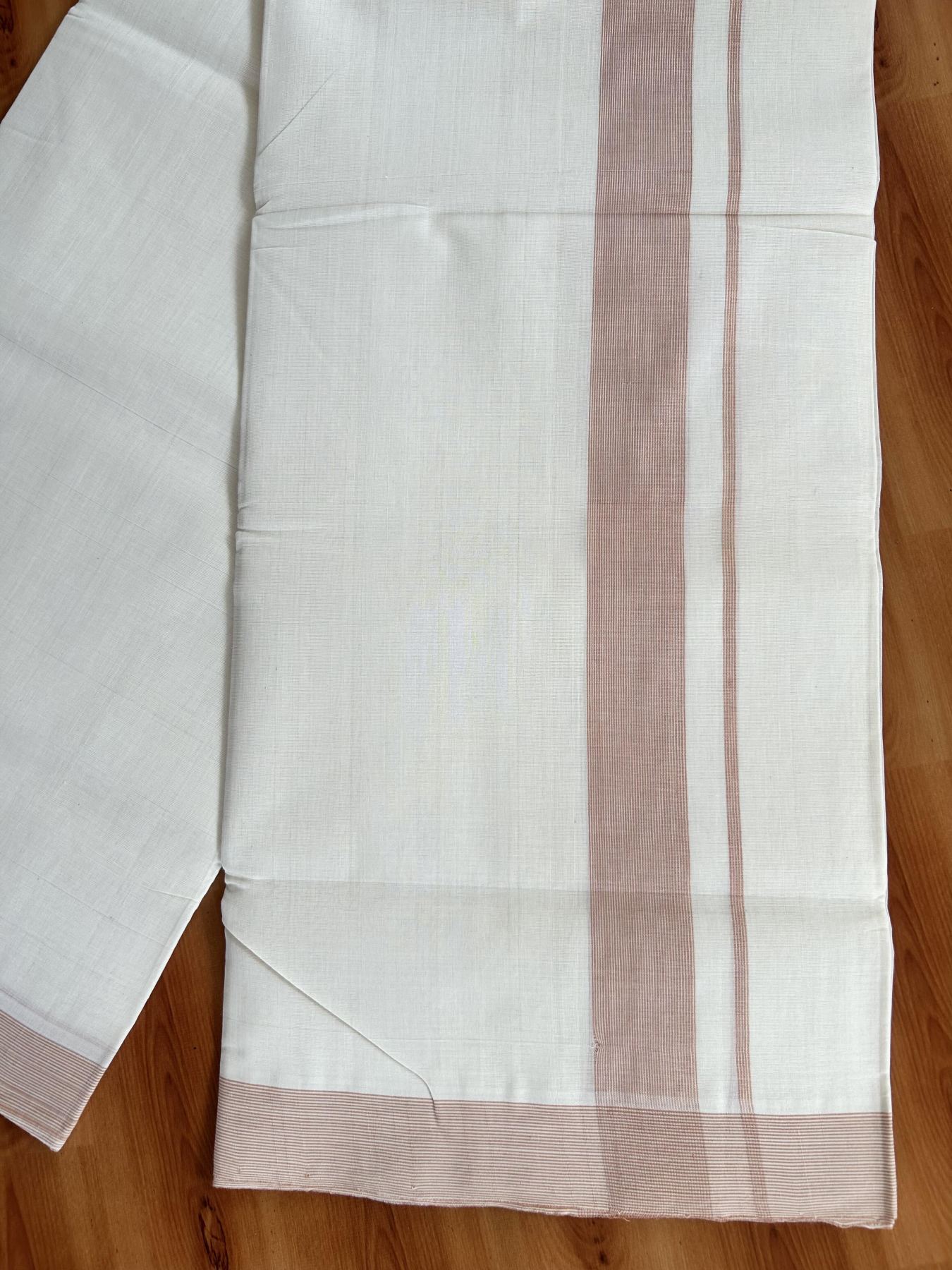Double Off White (Unbleached) Mundu/Dhoti - 25% Discount! KaithariKada Handloom Unakkupaav - Kerala Handloom - Pure Cotton - 80x90 - 1.25 Inch Peach Striped Kara 4 mtr (8.5 Muzham) - 9 KK5439 YAR