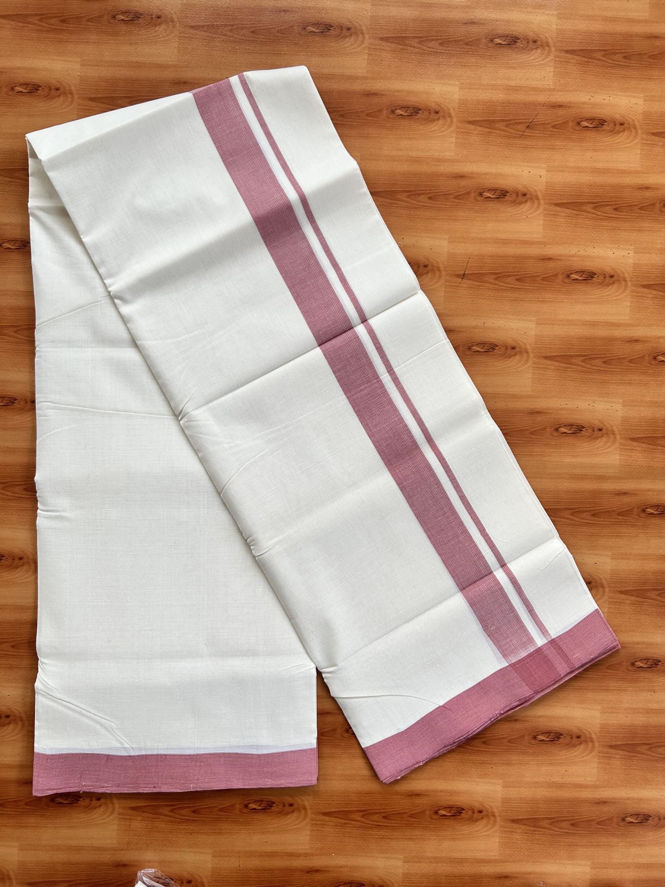 Double Off White (Unbleached) Mundu/Dhoti - 25% Discount! KaithariKada Handloom Unakkupaav - Kerala Handloom - Pure Cotton - 80x90 - 1.25 Inch Yellow & Magenta  Striped Kara 4 mtr (8.5 Muzham) - 11 KK5439 YAR