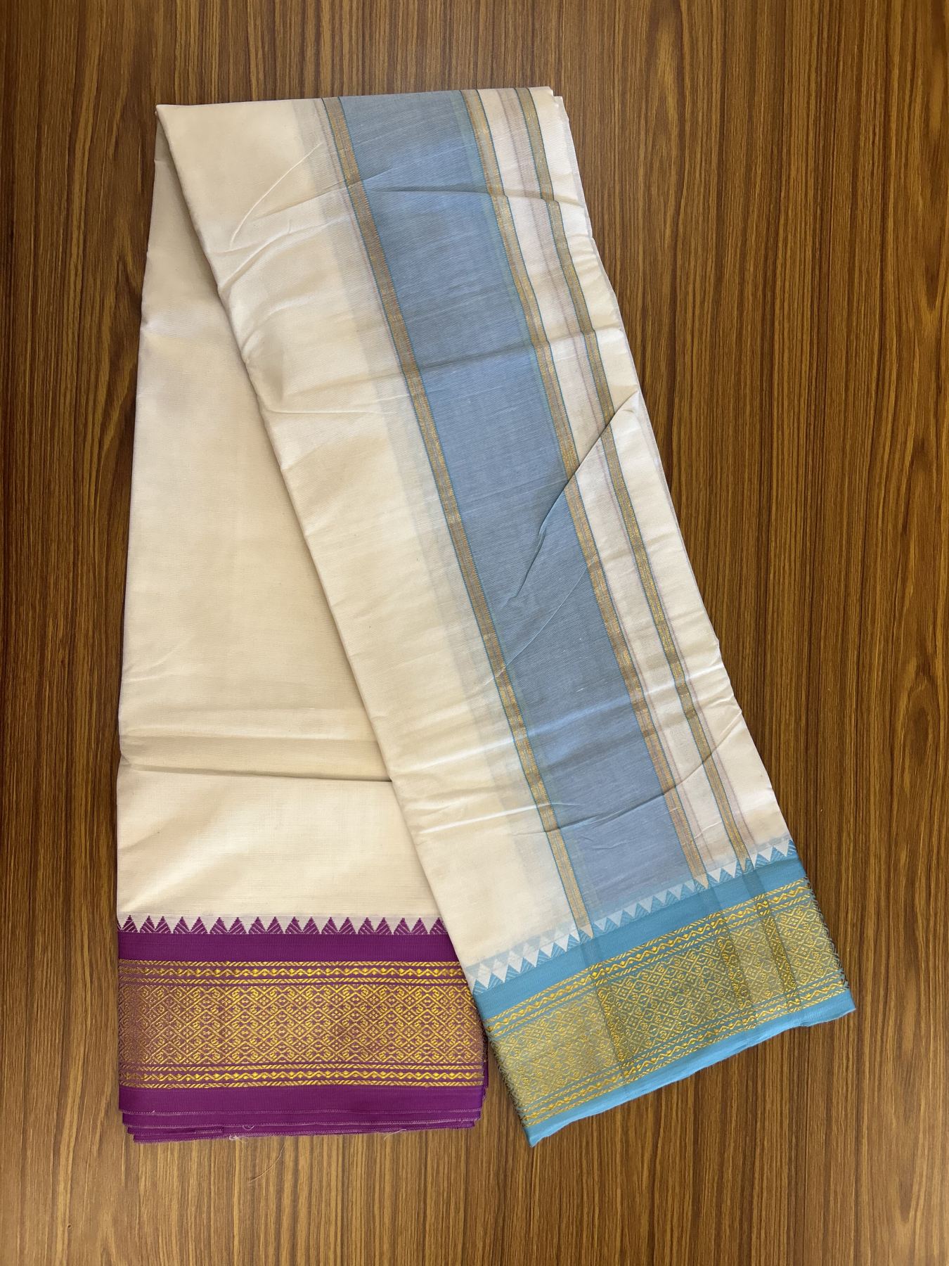 Panchakacham Dhoti - 20% Discount! Kaitharikada Balaramapuram Cotton Mix - Off White - (Unbleached) 80X90 thread - North Iindian - Attached Gamcha - 9x5 Dhoti - 3.5 inch Gold kasav Light Blue & Purple kara - 9 KK8305 PMC