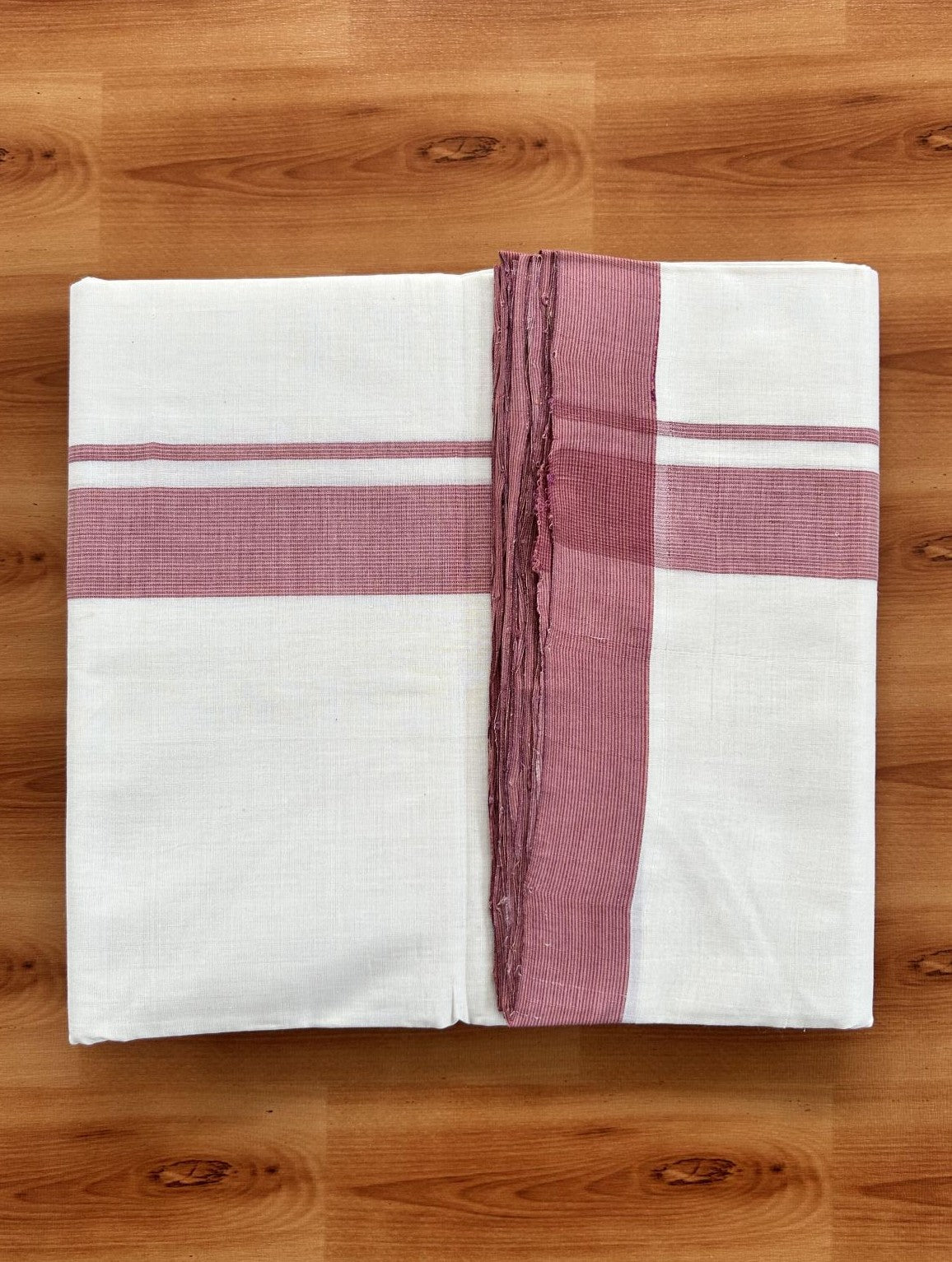 Double Off White (Unbleached) Mundu/Dhoti - 25% Discount! KaithariKada Handloom Unakkupaav - Kerala Handloom - Pure Cotton - 80x90 - 1.25 Inch Yellow & Magenta  Striped Kara 4 mtr (8.5 Muzham) - 11 KK5439 YAR