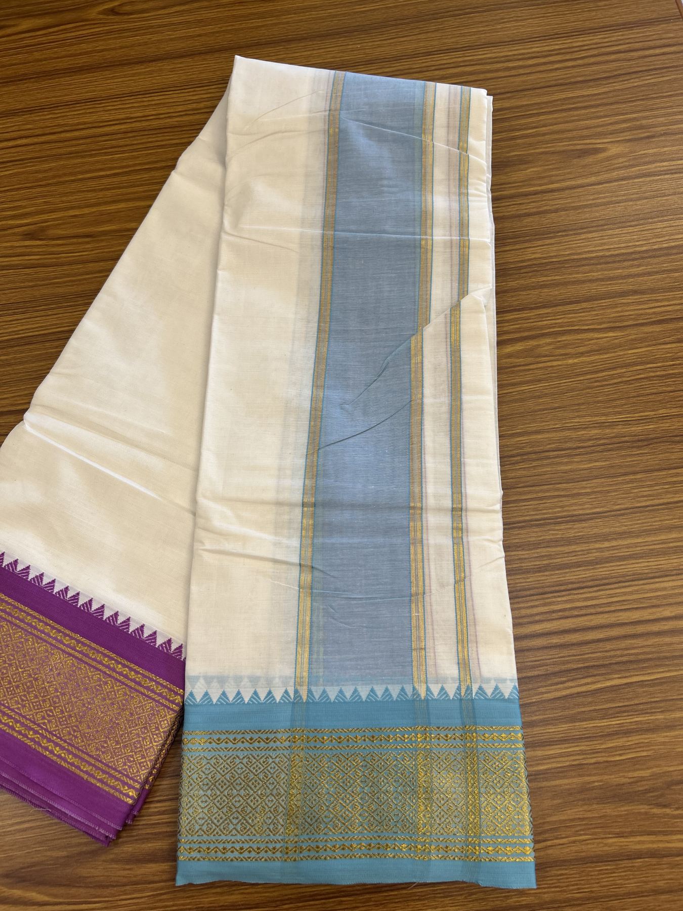 Panchakacham Dhoti - 20% Discount! Kaitharikada Balaramapuram Cotton Mix - Off White - (Unbleached) 80X90 thread - North Iindian - Attached Gamcha - 9x5 Dhoti - 3.5 inch Gold kasav Light Blue & Purple kara - 9 KK8305 PMC