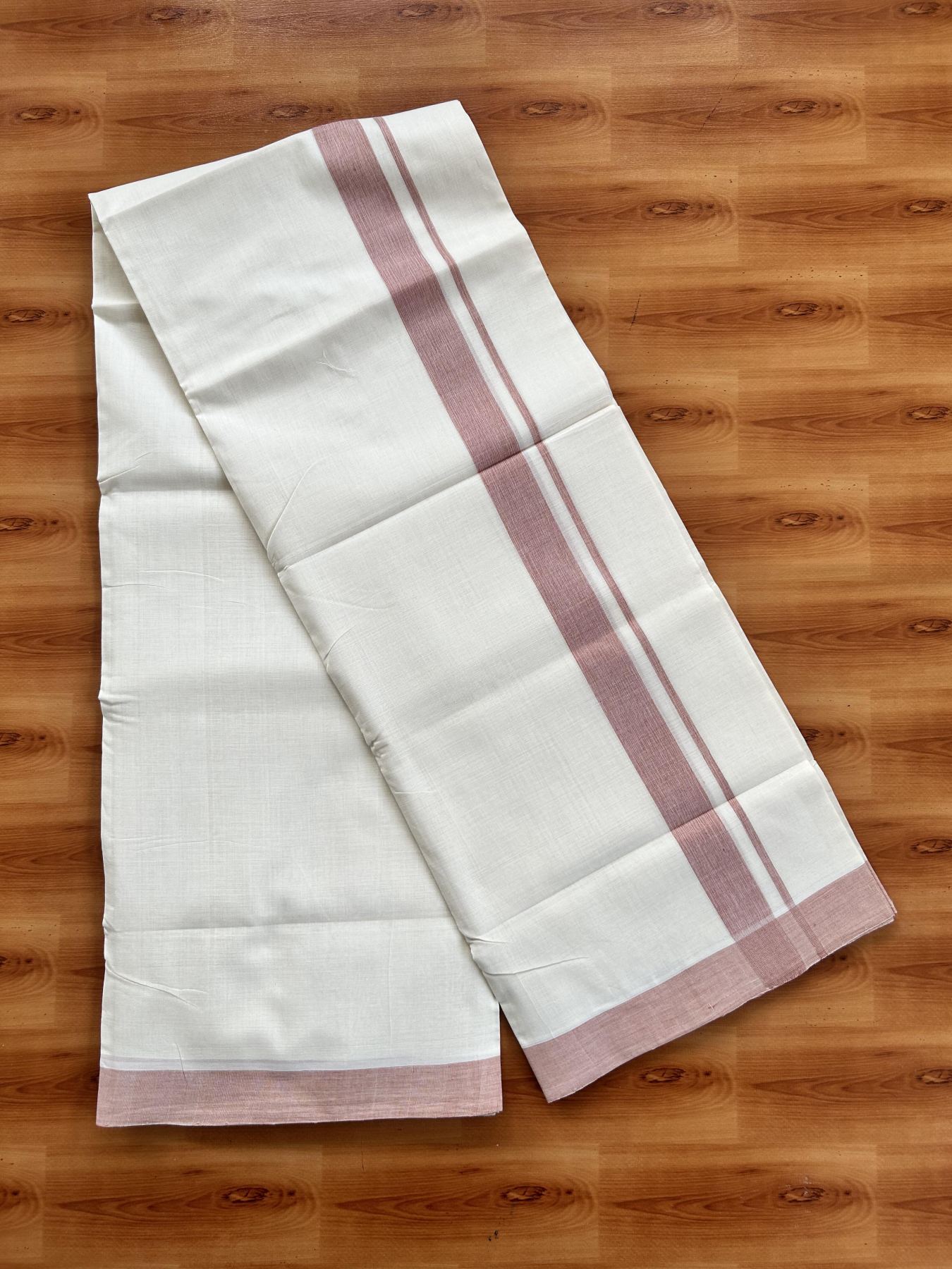 Double Off White (Unbleached) Mundu/Dhoti - 25% Discount! KaithariKada Handloom Unakkupaav - Kerala Handloom - Pure Cotton - 80x90 - 1.25 Inch Dusty Orange Kara 4 mtr (8.5 Muzham) - 22 KK5439 YAR