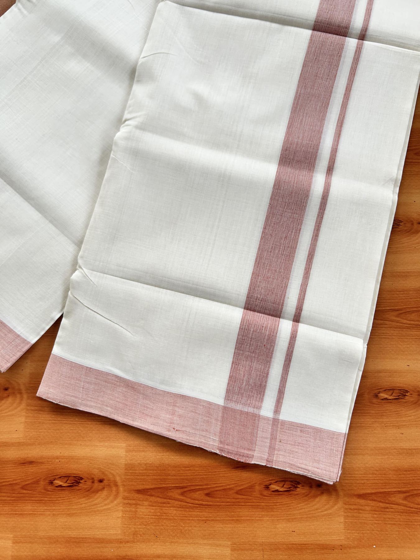 Double Off White (Unbleached) Mundu/Dhoti - 25% Discount! KaithariKada Handloom Unakkupaav - Kerala Handloom - Pure Cotton - 80x90 - 1.25 Inch Dusty Orange Kara 4 mtr (8.5 Muzham) - 22 KK5439 YAR
