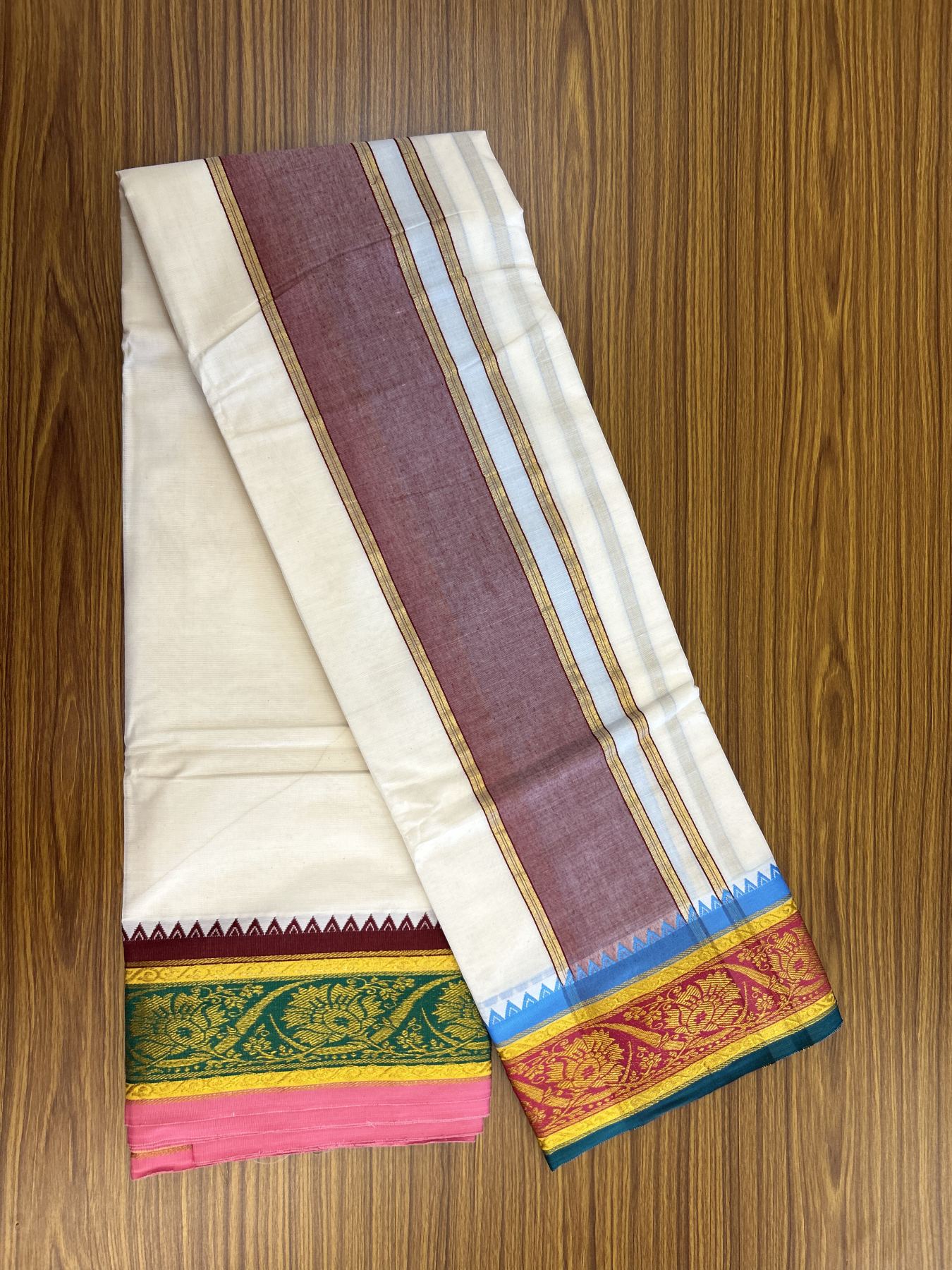Panchakacham Dhoti - 20% Discount! Kaitharikada Balaramapuram Cotton Mix - Off White - (Unbleached) 80X90 thread - North Iindian - Attached Gamcha - 9x5 Dhoti - 5.25 inch Gold Kasav Maroon & Blue Heavy Design kara - 15 KK8305 PMC