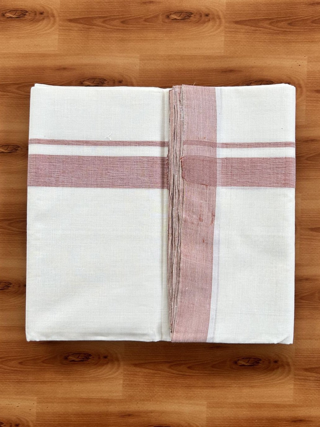 Double Off White (Unbleached) Mundu/Dhoti - 25% Discount! KaithariKada Handloom Unakkupaav - Kerala Handloom - Pure Cotton - 80x90 - 1.25 Inch Dusty Orange Kara 4 mtr (8.5 Muzham) - 22 KK5439 YAR