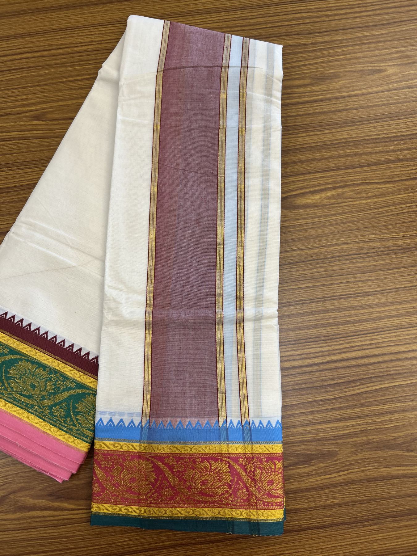 Panchakacham Dhoti - 20% Discount! Kaitharikada Balaramapuram Cotton Mix - Off White - (Unbleached) 80X90 thread - North Iindian - Attached Gamcha - 9x5 Dhoti - 5.25 inch Gold Kasav Maroon & Blue Heavy Design kara - 15 KK8305 PMC