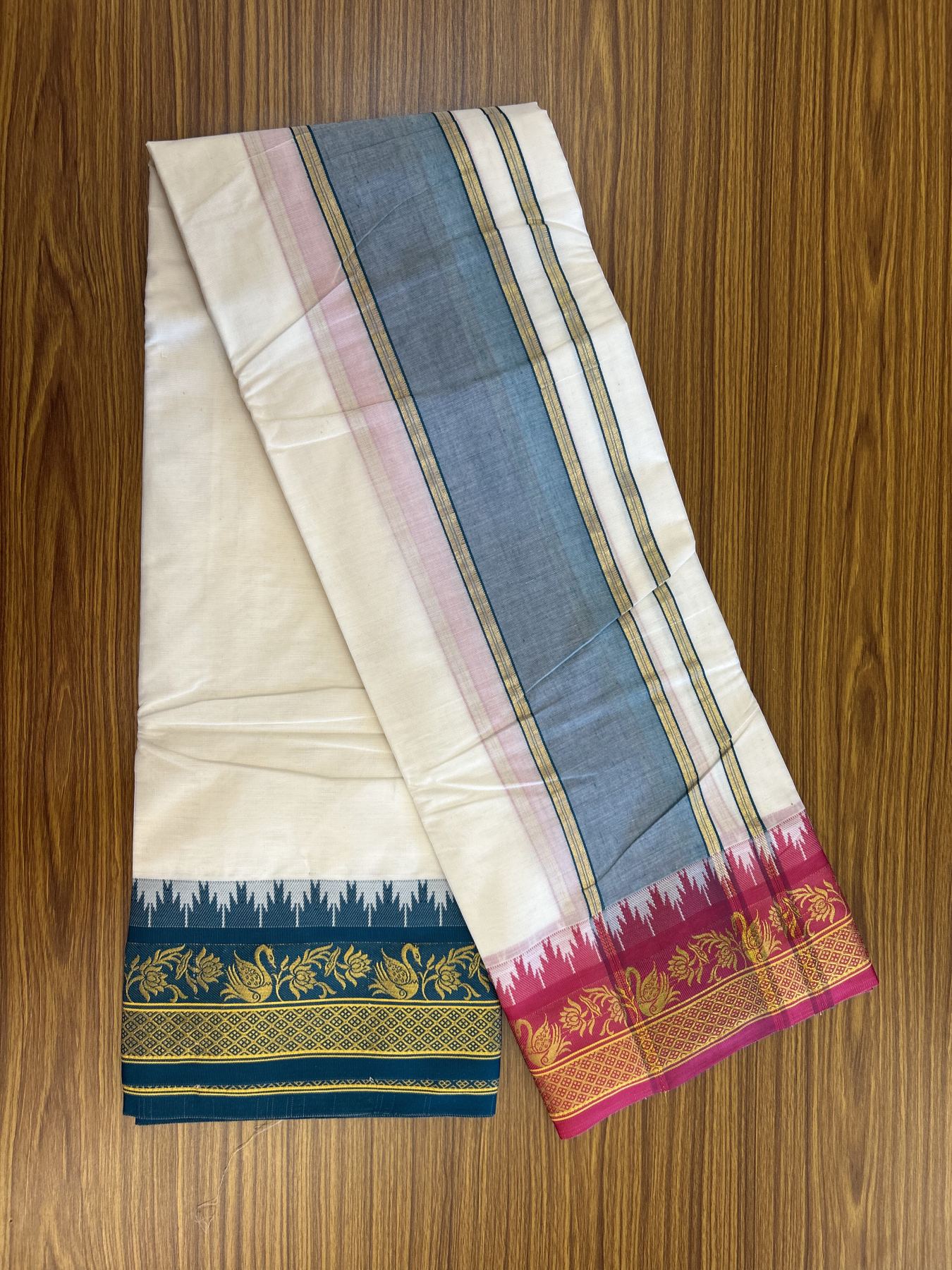 Panchakacham Dhoti - 20% Discount! Kaitharikada Balaramapuram Cotton Mix - Off White - (Unbleached) 80X90 thread - North Iindian - Attached Gamcha - 9x5 Dhoti - 3.75 inch Gold kasav Peacock Green & Rani Pink kara - 8 KK8305 PMC
