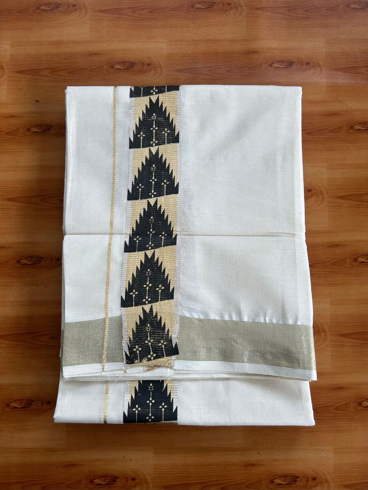 Double Off White (Unbleached) Mundu/Dhoti - 20% Discount! KaithariKada Pulimood 100% Cotton 80x72 - 2 inch Black, Gold Kasav & Silver Kasav Temple Design Kara - 4 mtr (8.5 muzham) - 64 KK5553 STH