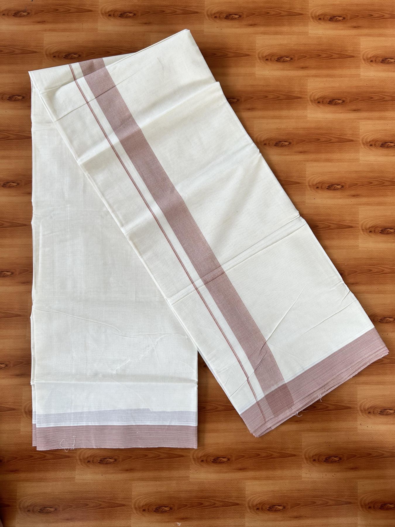 Double Off white - (Unbleached) - Mundu/Dhoti- 20% Discount! KaithariKada 100% Cotton - 100x80 - 1.5 inch Bronze Brown Stripes Kara 4 mtr (8.5 muzham) - 31 KK5440 VIN
