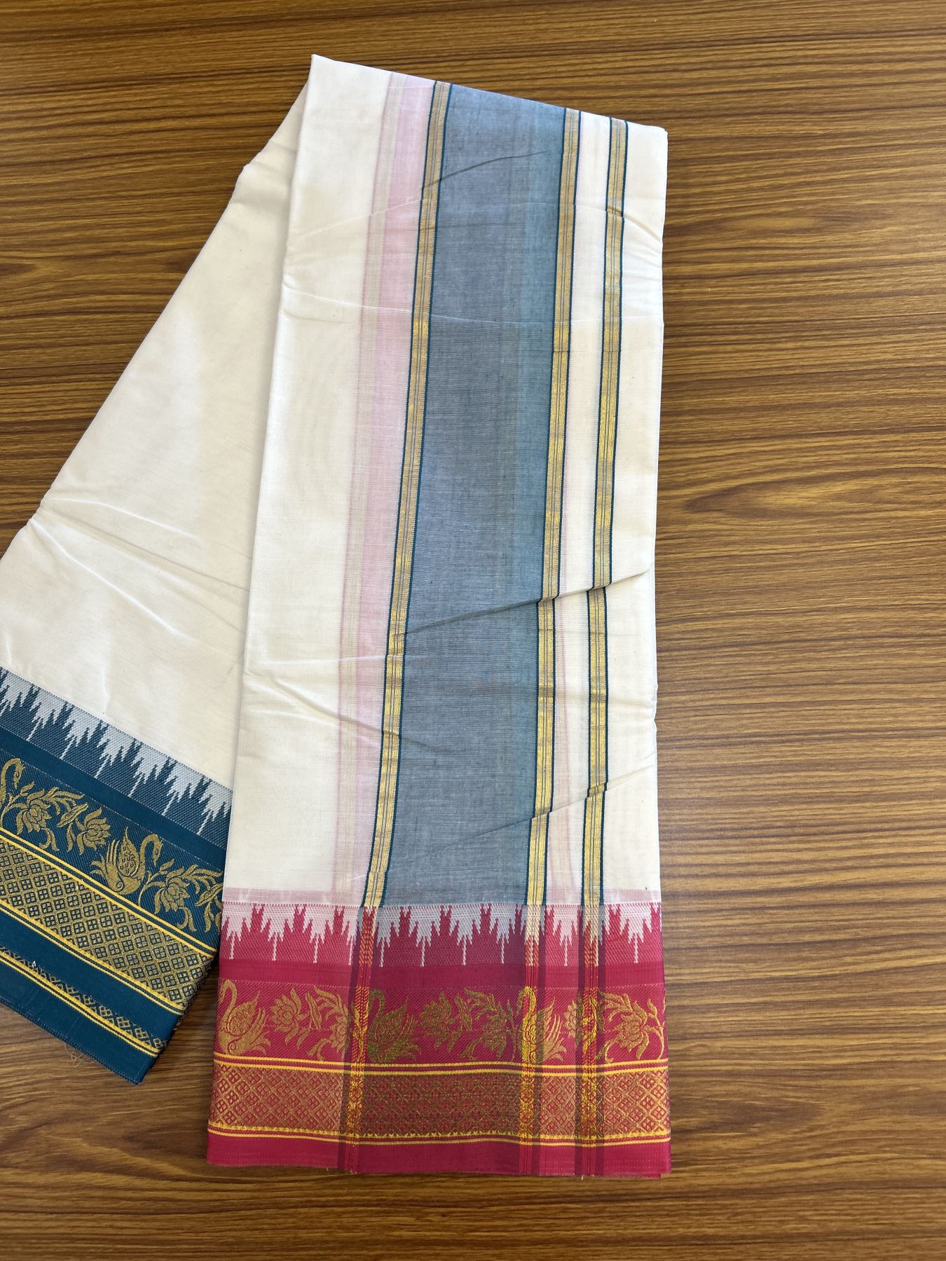 Panchakacham Dhoti - 20% Discount! Kaitharikada Balaramapuram Cotton Mix - Off White - (Unbleached) 80X90 thread - North Iindian - Attached Gamcha - 9x5 Dhoti - 3.75 inch Gold kasav Peacock Green & Rani Pink kara - 8 KK8305 PMC
