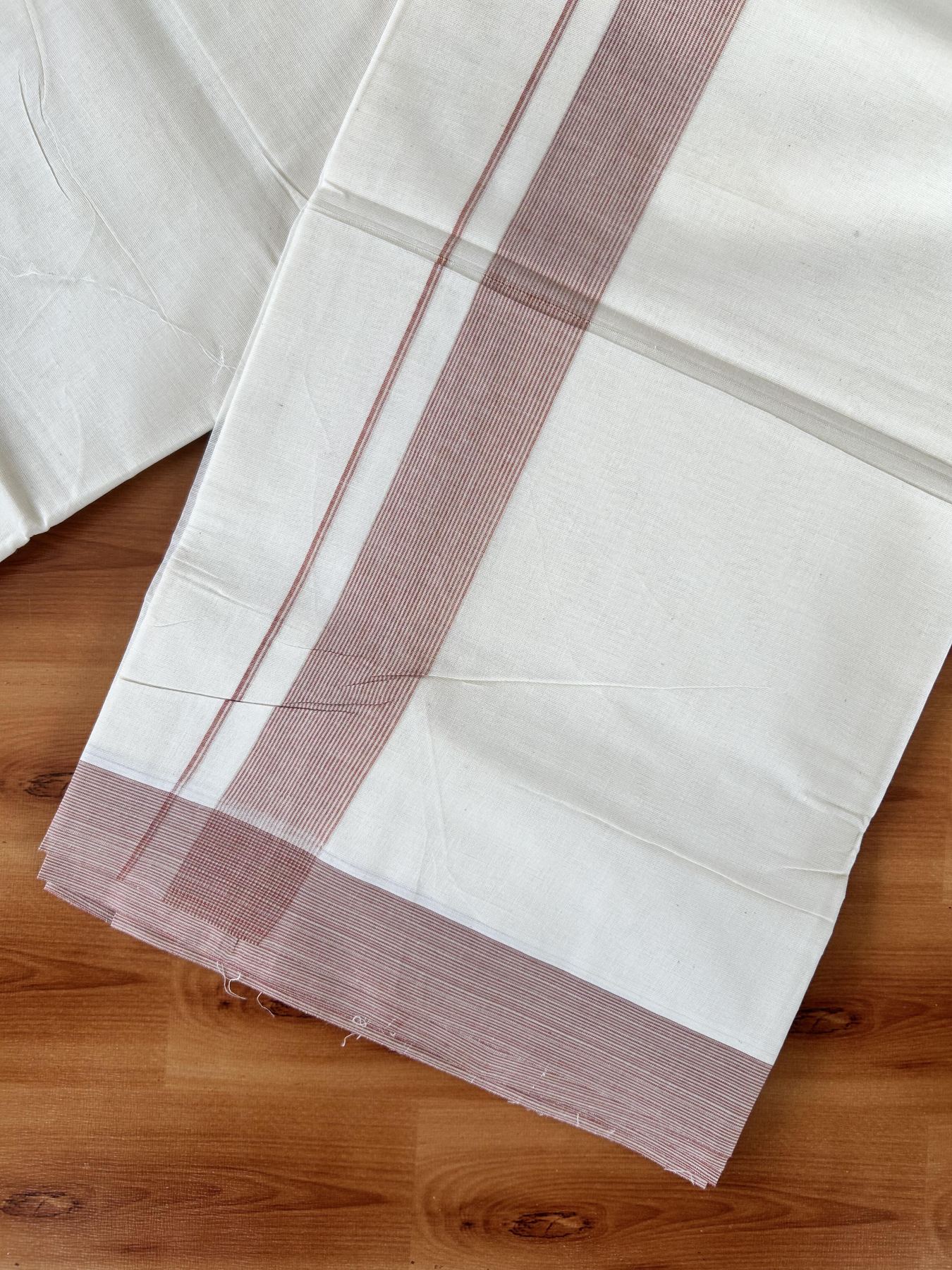 Double Off white - (Unbleached) - Mundu/Dhoti- 20% Discount! KaithariKada 100% Cotton - 100x80 - 1.5 inch Bronze Brown Stripes Kara 4 mtr (8.5 muzham) - 31 KK5440 VIN