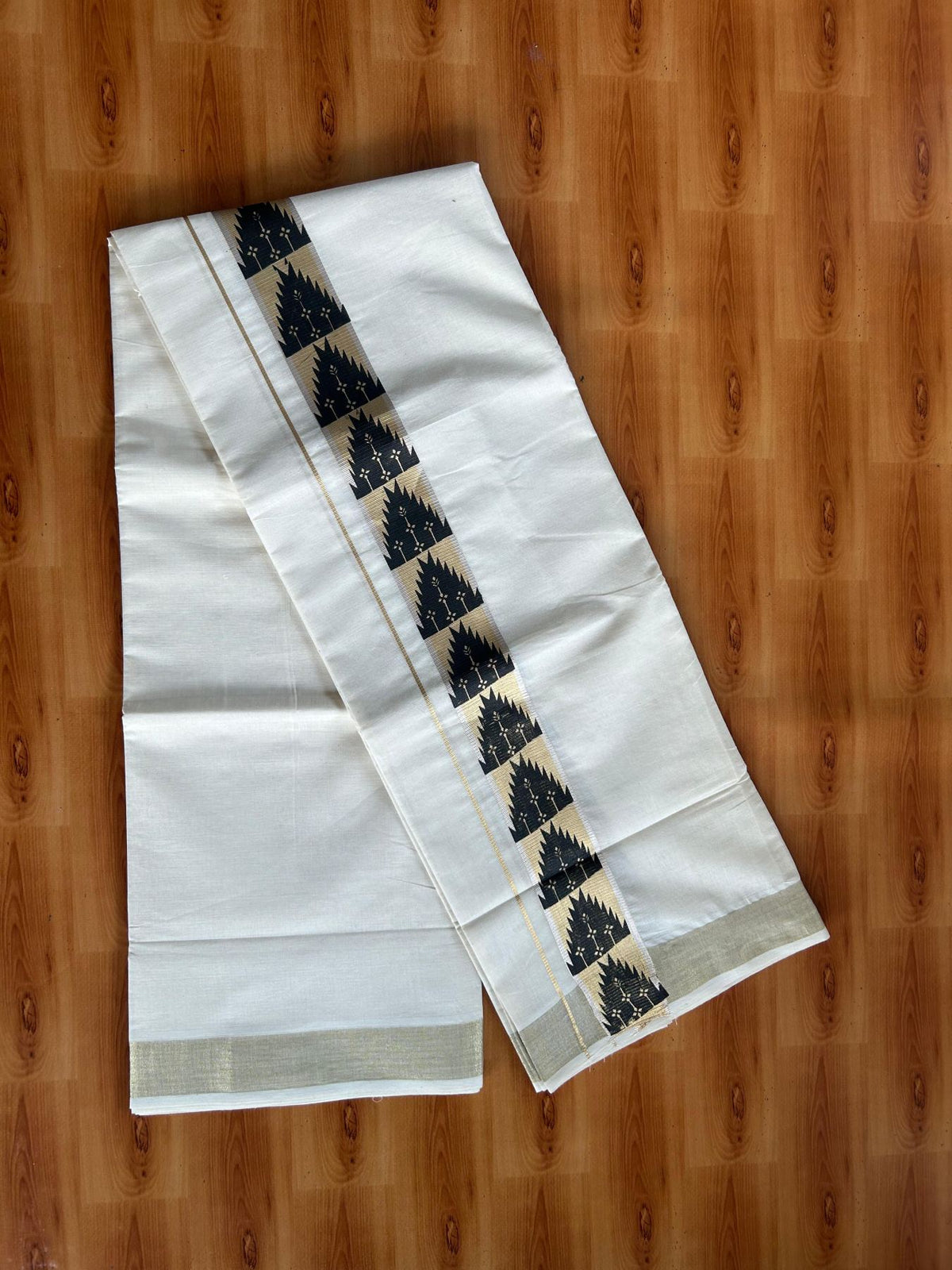 Double Off White (Unbleached) Mundu/Dhoti - 20% Discount! KaithariKada Pulimood 100% Cotton 80x72 - 2 inch Black, Gold Kasav & Silver Kasav Temple Design Kara - 4 mtr (8.5 muzham) - 64 KK5553 STH