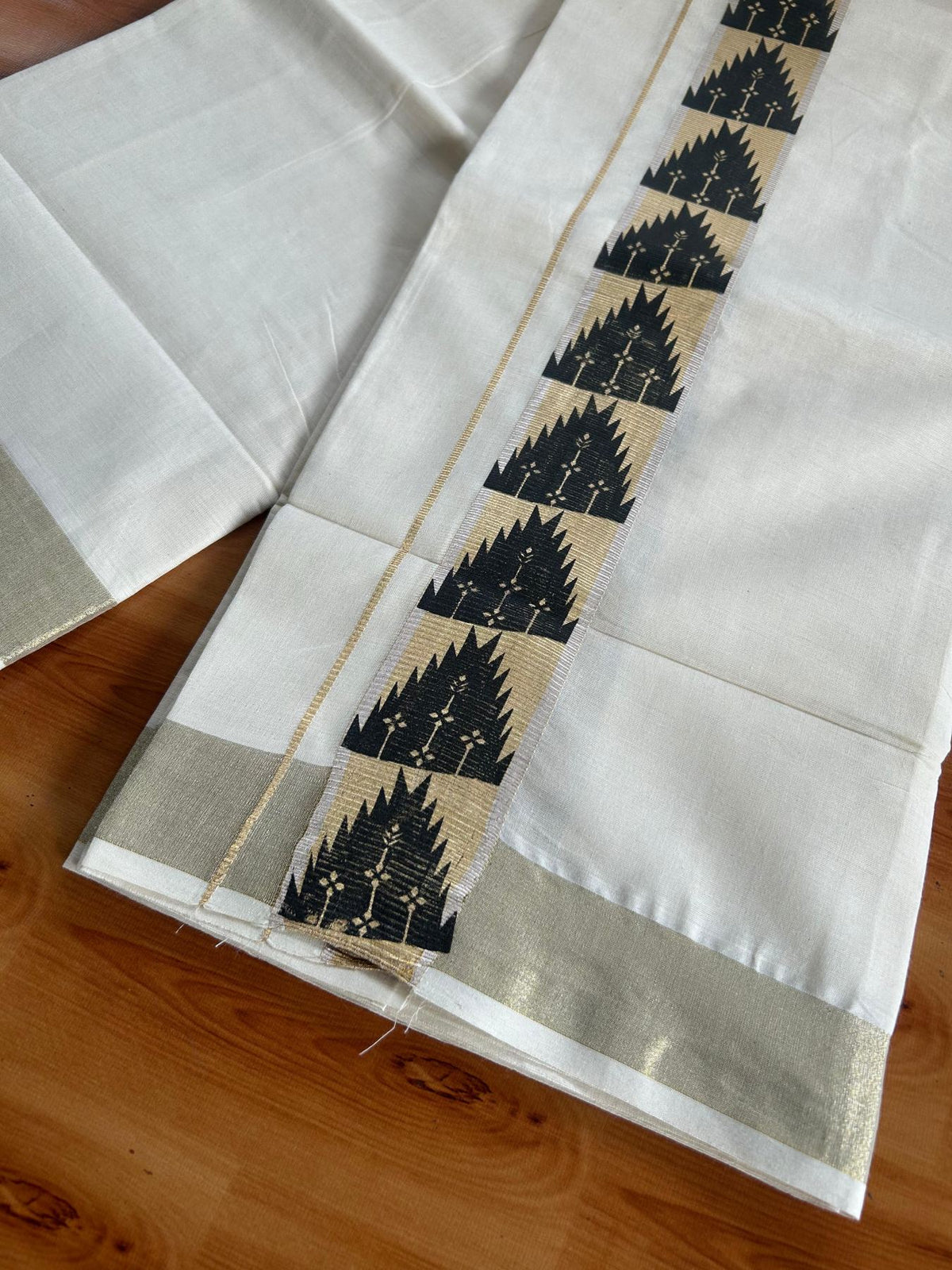 Double Off White (Unbleached) Mundu/Dhoti - 20% Discount! KaithariKada Pulimood 100% Cotton 80x72 - 2 inch Black, Gold Kasav & Silver Kasav Temple Design Kara - 4 mtr (8.5 muzham) - 64 KK5553 STH