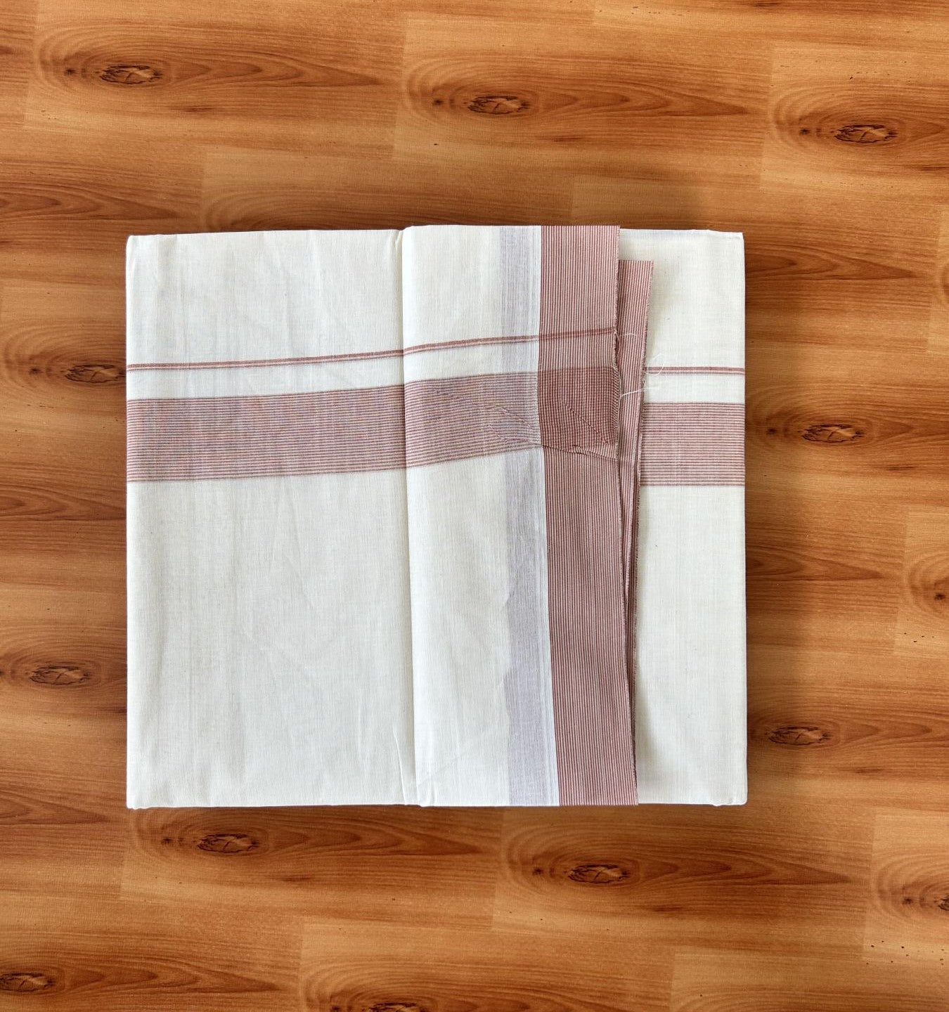 Double Off white - (Unbleached) - Mundu/Dhoti- 20% Discount! KaithariKada 100% Cotton - 100x80 - 1.5 inch Bronze Brown Stripes Kara 4 mtr (8.5 muzham) - 31 KK5440 VIN