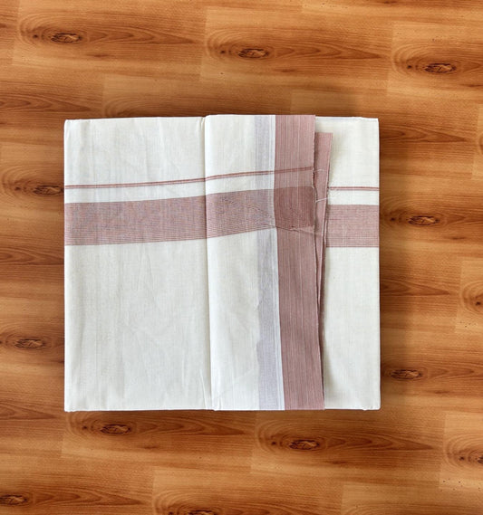 Double Off white - (Unbleached) - Mundu/Dhoti- 20% Discount! KaithariKada 100% Cotton - 100x80 - 1.5 inch Bronze Brown Stripes Kara 4 mtr (8.5 muzham) - 31 KK5440 VIN