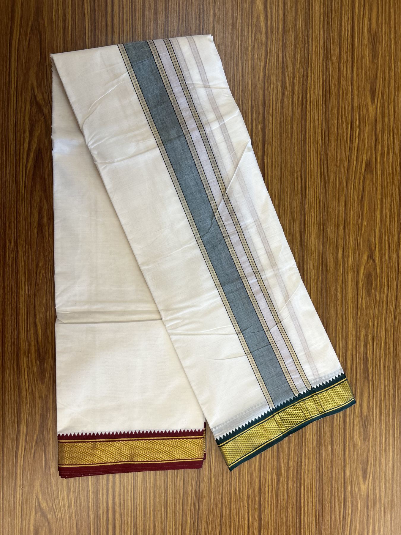 Panchakacham Dhoti - 20% Discount! Kaitharikada Balaramapuram Cotton Mix - Off White - (Unbleached) 80X90 thread - North Iindian - Attached Gamcha - 9x5 Dhoti - 1.5 inch Gold Kasav Maroon & Green kara - 17 KK8305 PMC