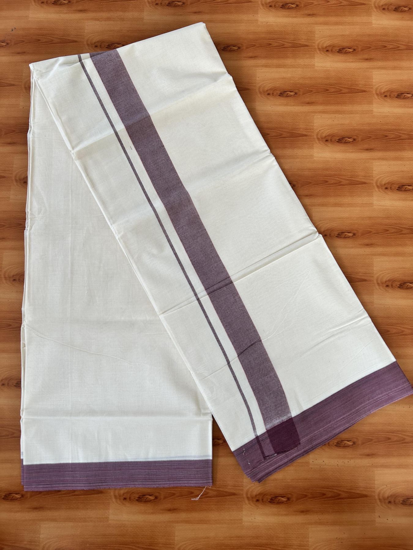 Double Off white - (Unbleached) - Mundu/Dhoti- 20% Discount! KaithariKada 100% Cotton - 100x80 - 1.5 inch Black & Dusty Maroon Stripes Kara 4 mtr (8.5 muzham) - 32 KK5440 VIN