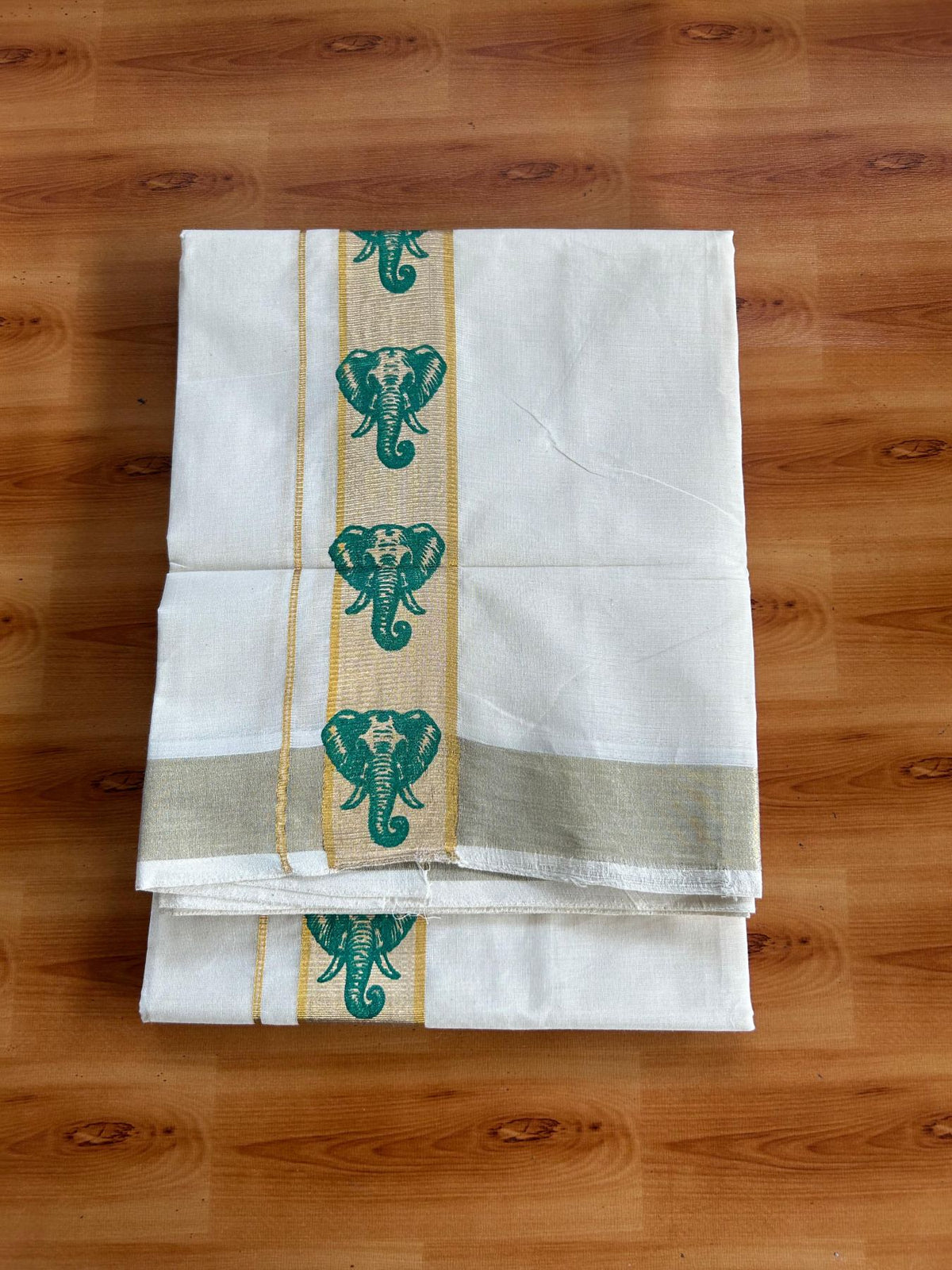 Double Off White (Unbleached) Mundu/Dhoti - 20% Discount! KaithariKada Pulimood 100% Cotton 80x72 - 2 inch Gold Kasav & Green Elephant Printed Design Kara - 4 mtr (8.5 muzham) - 72 KK5553 STH