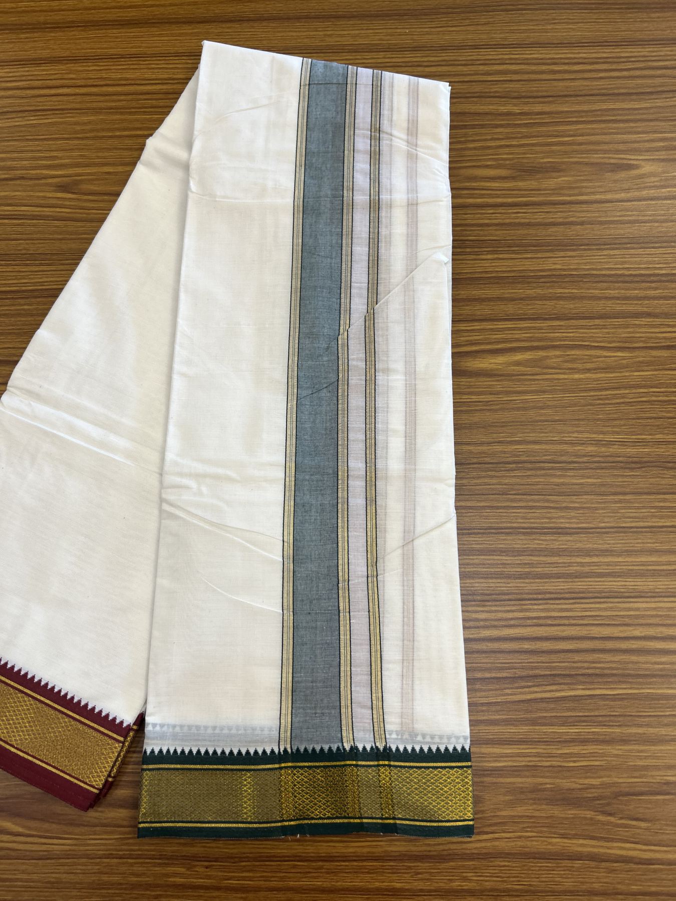 Panchakacham Dhoti - 20% Discount! Kaitharikada Balaramapuram Cotton Mix - Off White - (Unbleached) 80X90 thread - North Iindian - Attached Gamcha - 9x5 Dhoti - 1.5 inch Gold Kasav Maroon & Green kara - 17 KK8305 PMC
