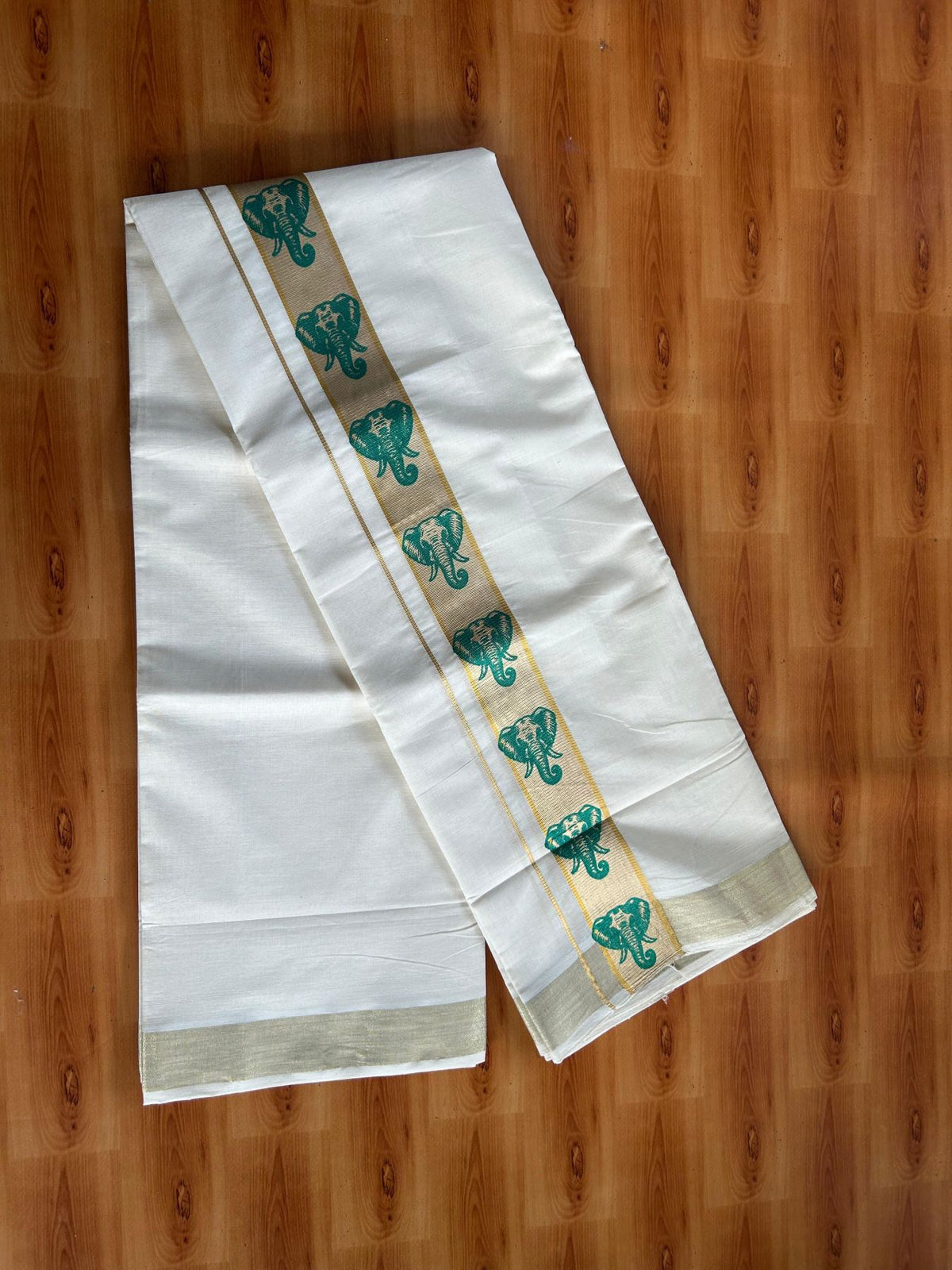 Double Off White (Unbleached) Mundu/Dhoti - 20% Discount! KaithariKada Pulimood 100% Cotton 80x72 - 2 inch Gold Kasav & Green Elephant Printed Design Kara - 4 mtr (8.5 muzham) - 72 KK5553 STH