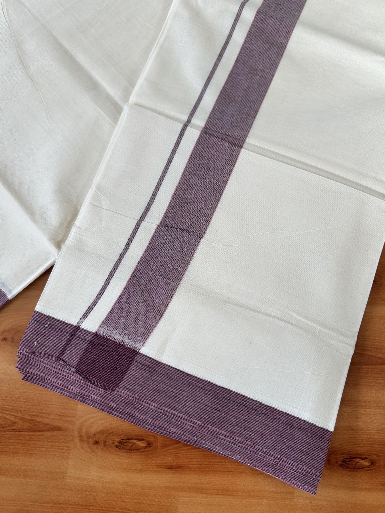Double Off white - (Unbleached) - Mundu/Dhoti- 20% Discount! KaithariKada 100% Cotton - 100x80 - 1.5 inch Black & Dusty Maroon Stripes Kara 4 mtr (8.5 muzham) - 32 KK5440 VIN