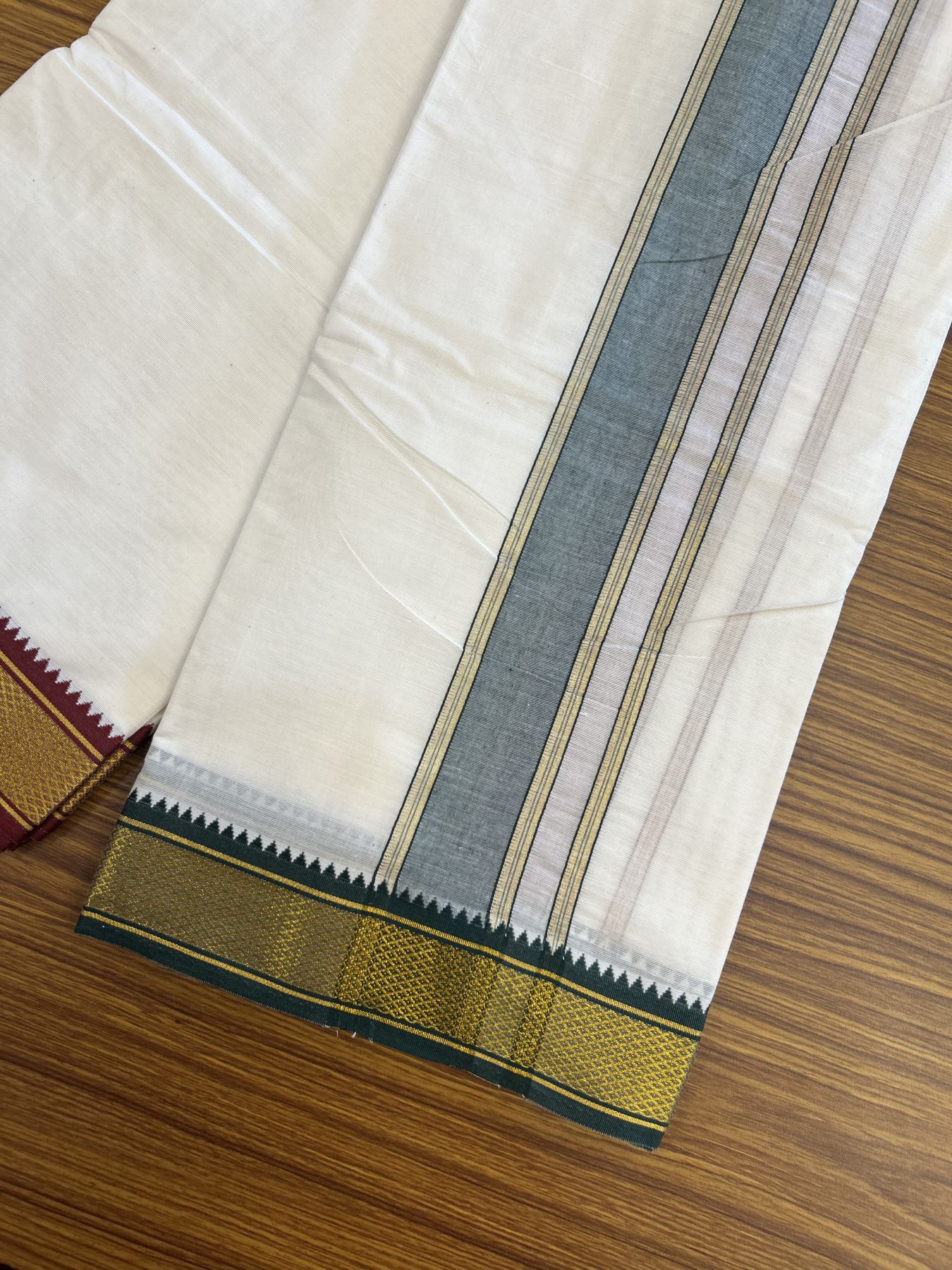 Panchakacham Dhoti - 20% Discount! Kaitharikada Balaramapuram Cotton Mix - Off White - (Unbleached) 80X90 thread - North Iindian - Attached Gamcha - 9x5 Dhoti - 1.5 inch Gold Kasav Maroon & Green kara - 17 KK8305 PMC