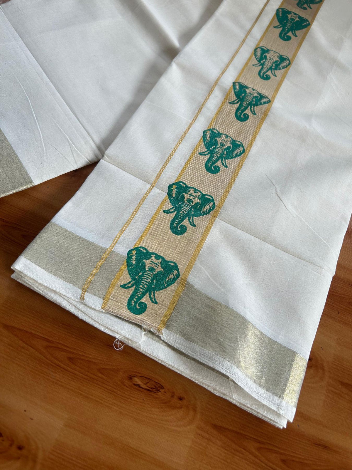 Double Off White (Unbleached) Mundu/Dhoti - 20% Discount! KaithariKada Pulimood 100% Cotton 80x72 - 2 inch Gold Kasav & Green Elephant Printed Design Kara - 4 mtr (8.5 muzham) - 72 KK5553 STH