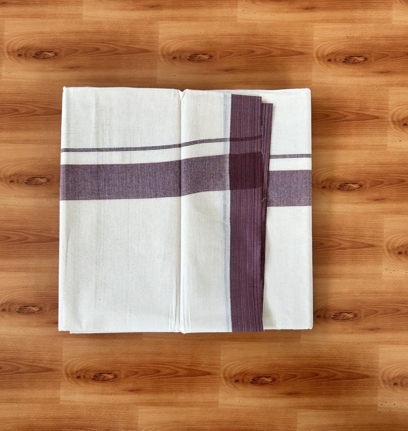 Double Off white - (Unbleached) - Mundu/Dhoti- 20% Discount! KaithariKada 100% Cotton - 100x80 - 1.5 inch Black & Dusty Maroon Stripes Kara 4 mtr (8.5 muzham) - 32 KK5440 VIN