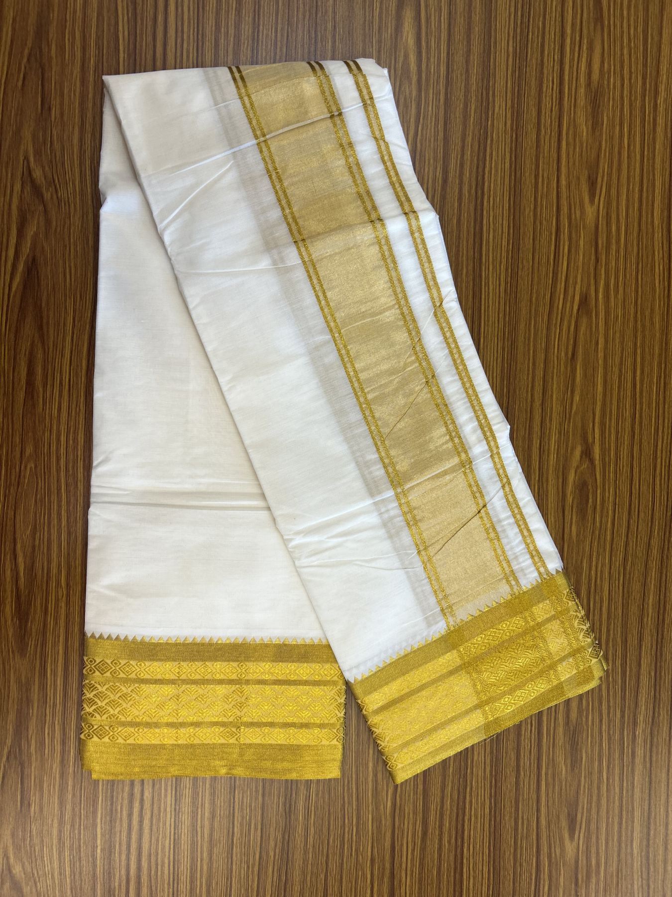 Panchakacham Dhoti - 20% Discount! KaithariKada Cotton Mix Off White - (Unbleached) 80X90 thread - North Indian- Attached Gamcha - 9x5 Dhoti - 4.5 inch Gold Kasav Design border - 1 KK8305 PMC