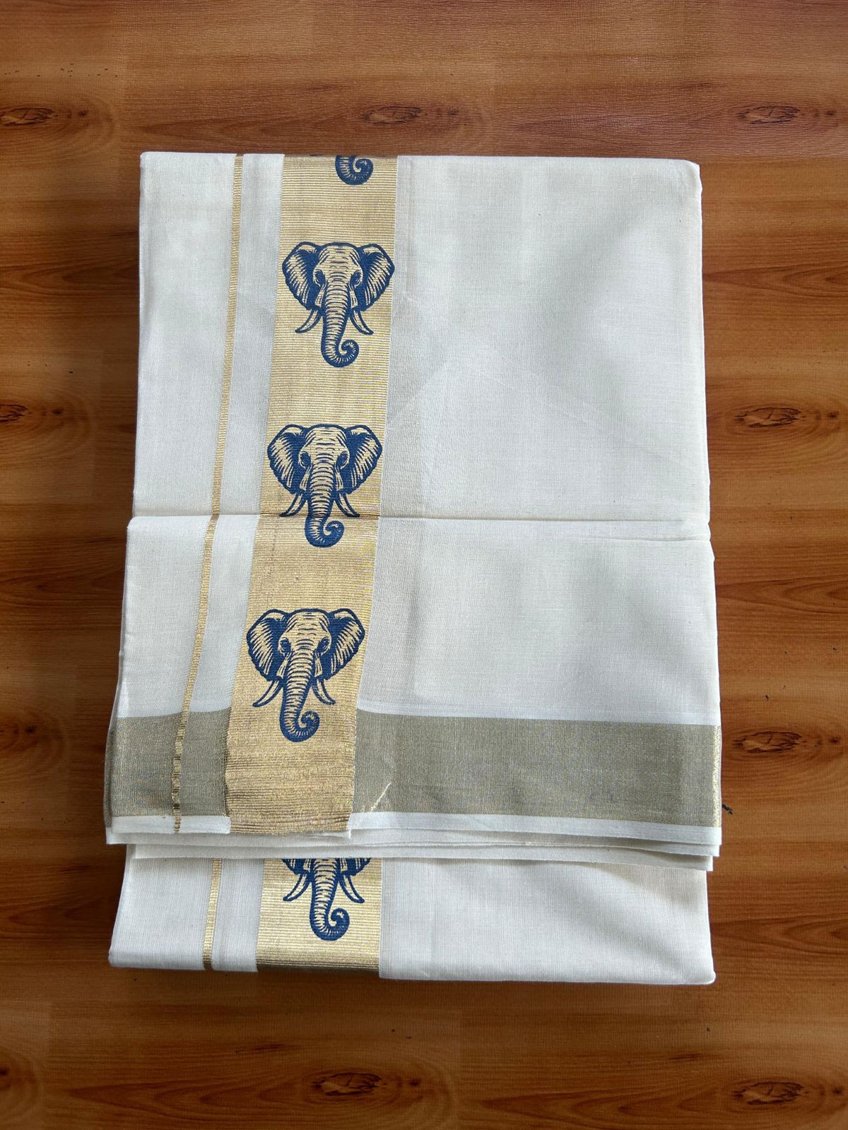 Double Off White (Unbleached) Mundu/Dhoti - 20% Discount! KaithariKada Pulimood 100% Cotton 80x72 - 2 inch Gold Kasav & Dark Blue Elephant Printed Design Kara - 4 mtr (8.5 muzham) - 73 KK5553 STH