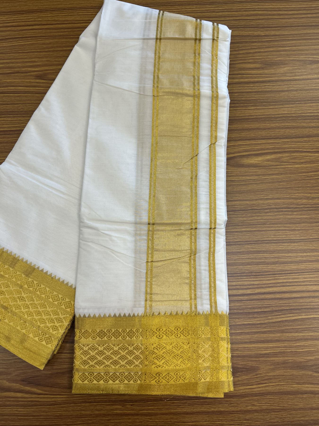Panchakacham Dhoti - 20% Discount! KaithariKada Cotton Mix Off White - (Unbleached) 80X90 thread - North Indian- Attached Gamcha - 9x5 Dhoti - 4.5 inch Gold Kasav Design border - 1 KK8305 PMC