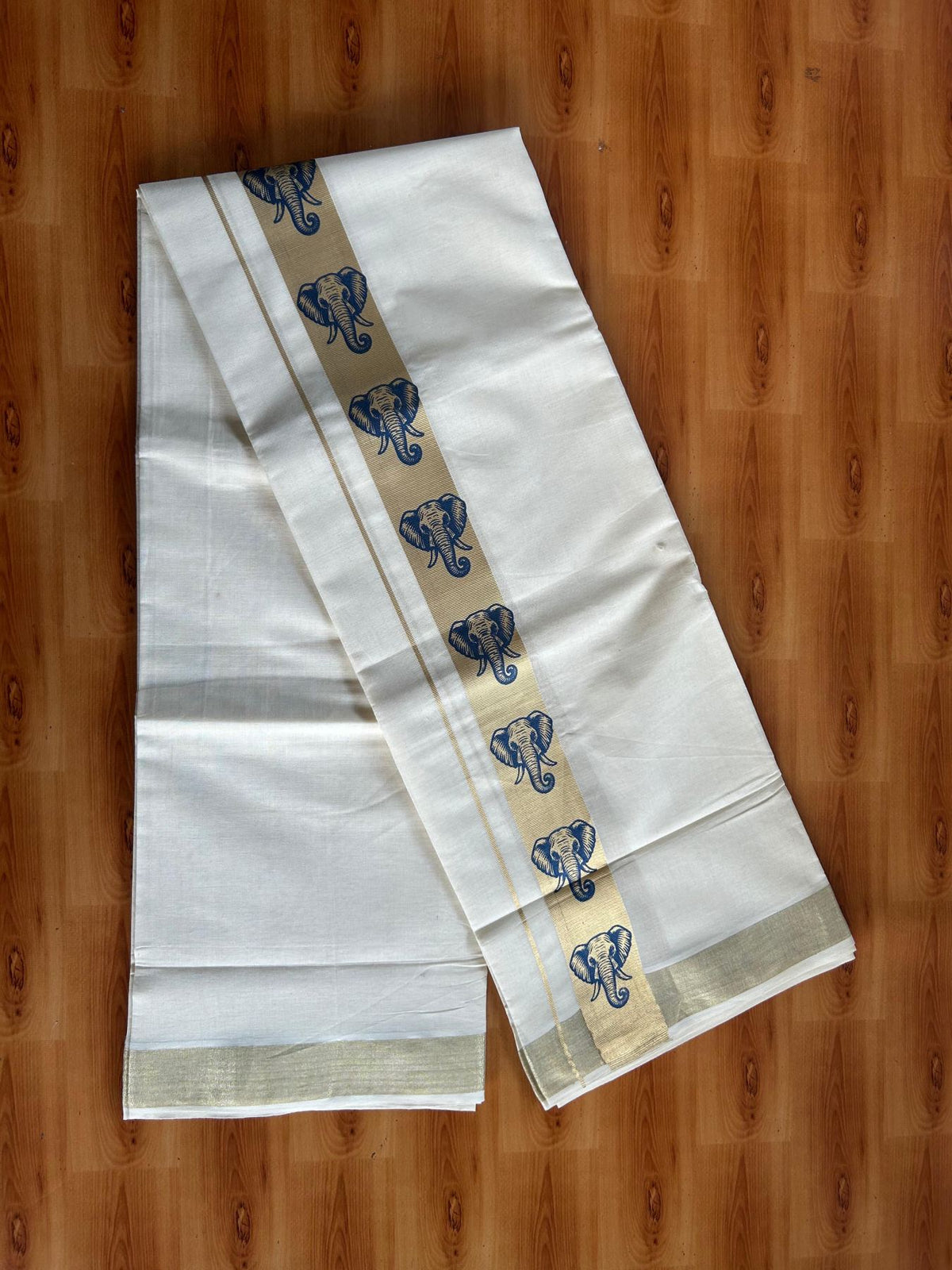 Double Off White (Unbleached) Mundu/Dhoti - 20% Discount! KaithariKada Pulimood 100% Cotton 80x72 - 2 inch Gold Kasav & Dark Blue Elephant Printed Design Kara - 4 mtr (8.5 muzham) - 73 KK5553 STH