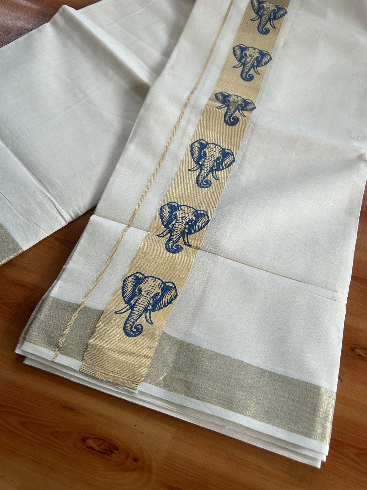 Double Off White (Unbleached) Mundu/Dhoti - 20% Discount! KaithariKada Pulimood 100% Cotton 80x72 - 2 inch Gold Kasav & Dark Blue Elephant Printed Design Kara - 4 mtr (8.5 muzham) - 73 KK5553 STH